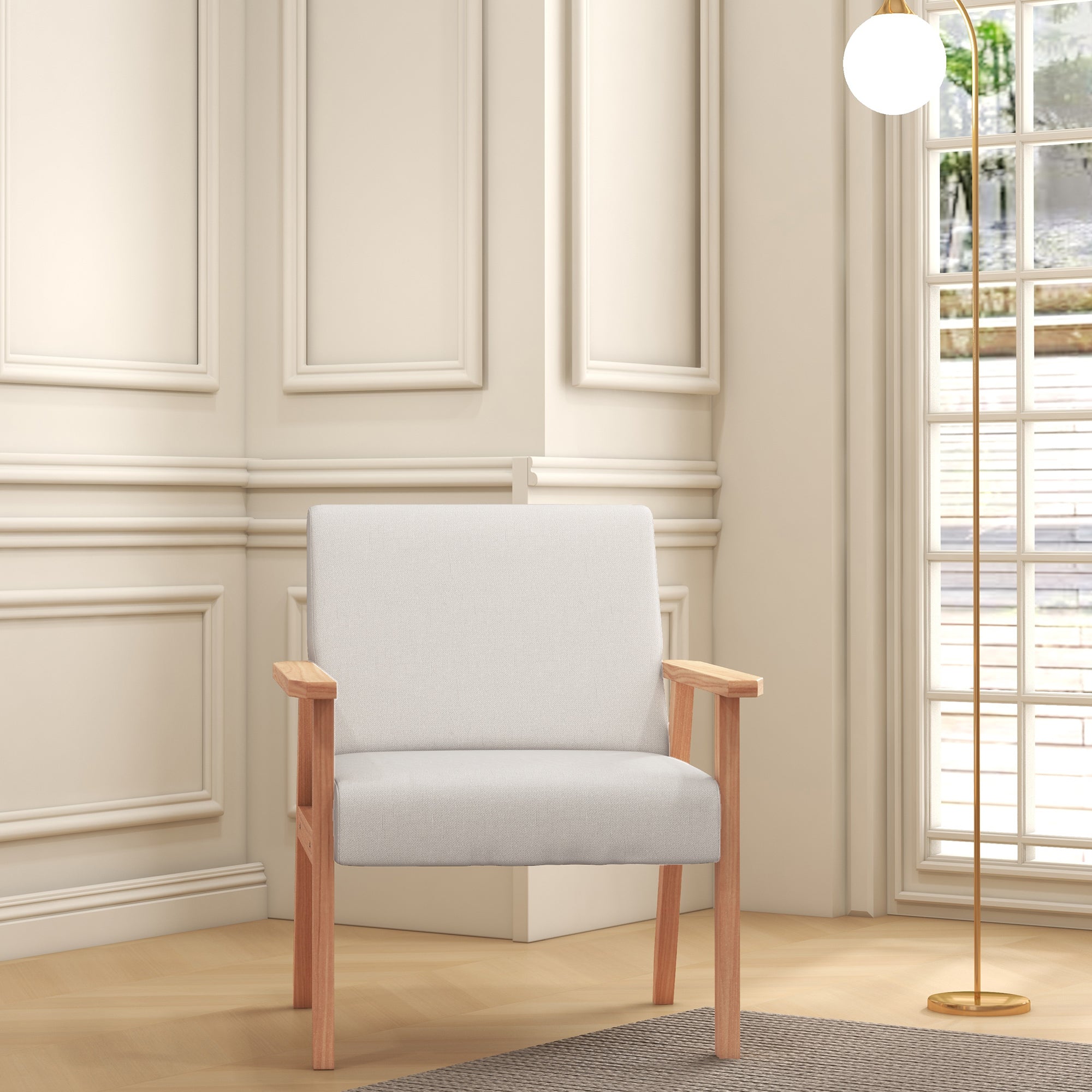 Accent Chair Wide Seat Armchair with Thick Cushions, Wood Frame, Cream White Linen