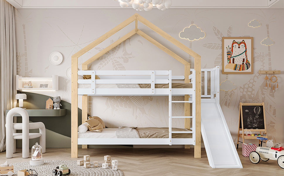 Bunk bed with slide, three-step angled ladder, safety guard, solid wood, white and natural, 90x200cm