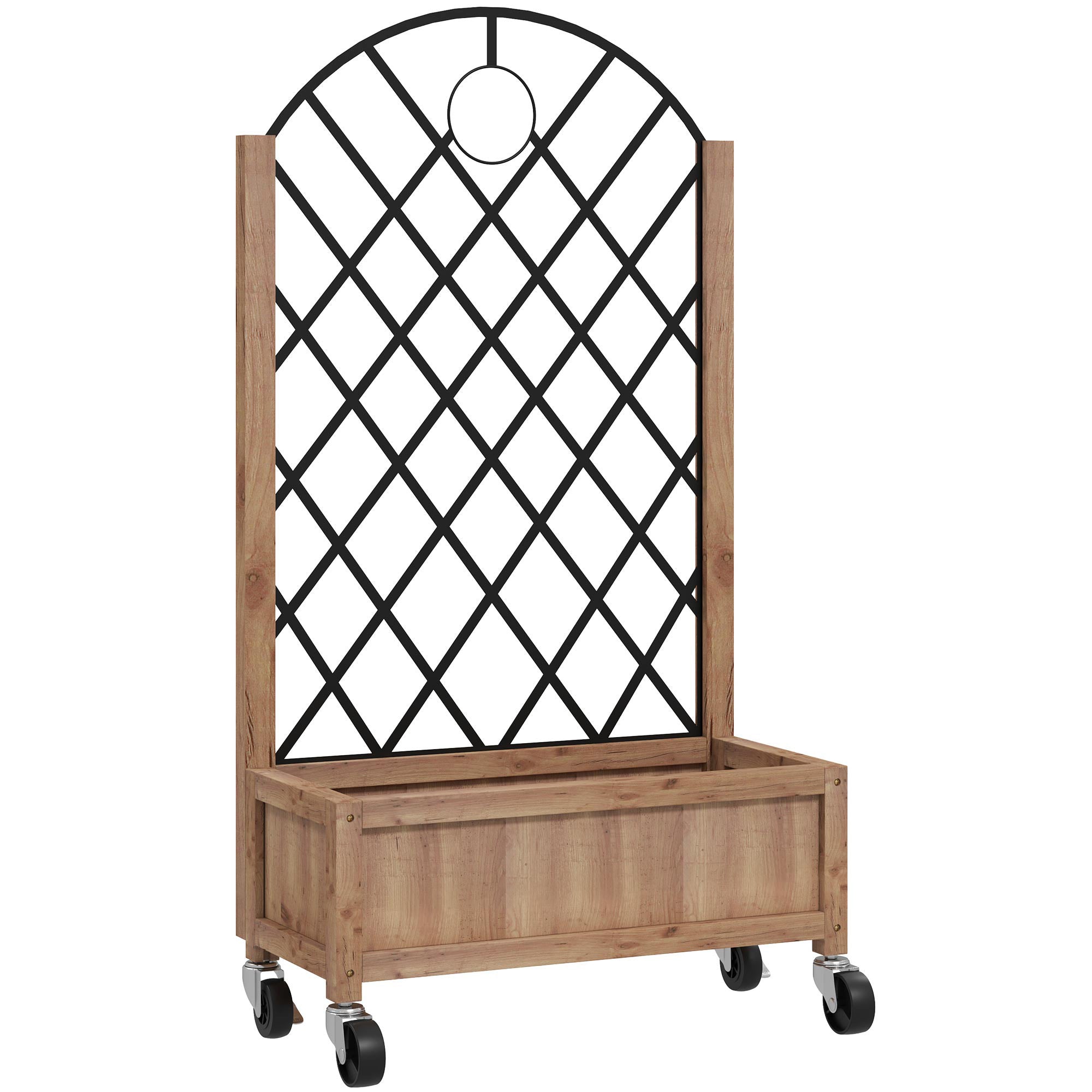 Raised Garden Bed, Elevated Planter Box with Trellis and Wheels, Wooden Brown