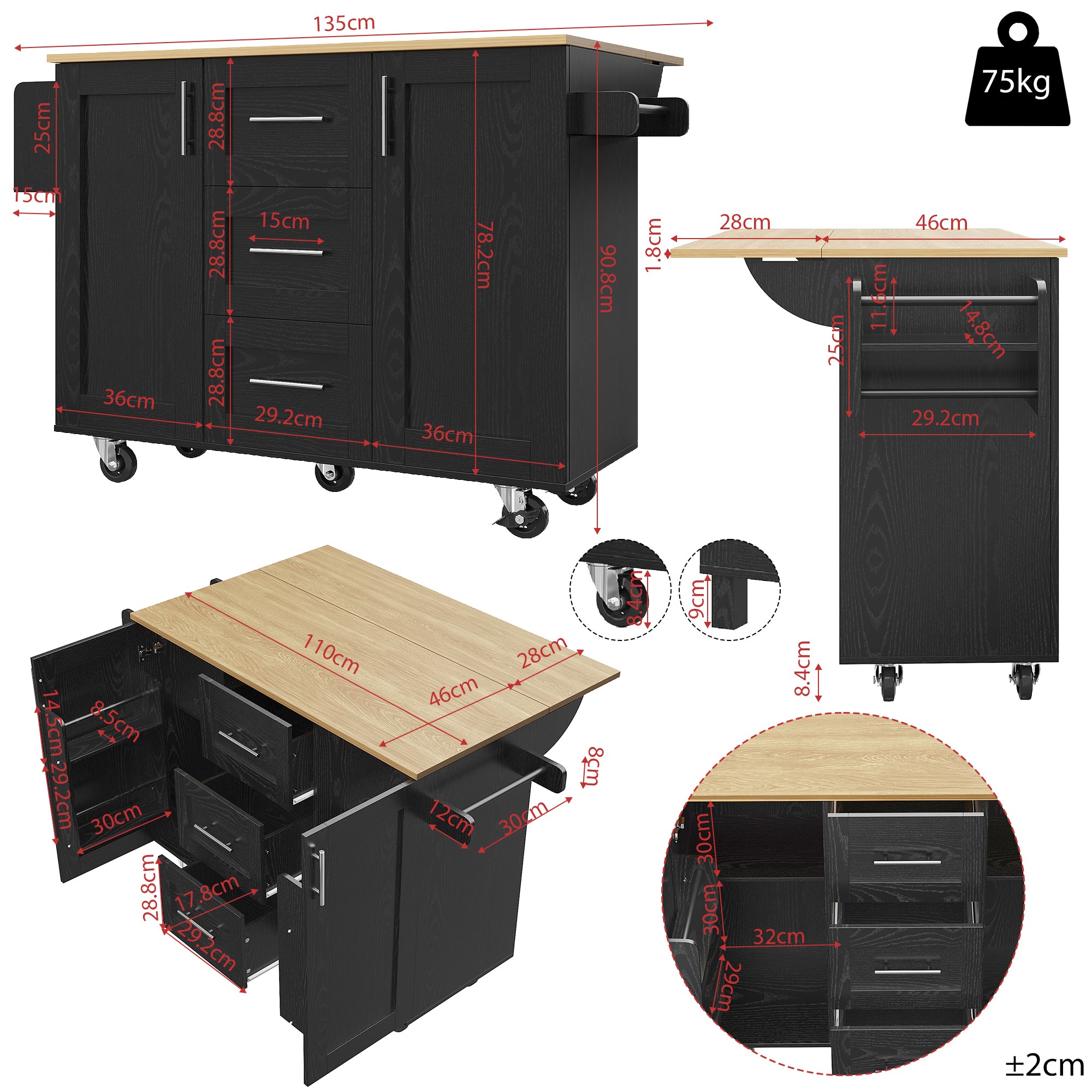Kitchen Island Workbench Storage Removable Casters - Black