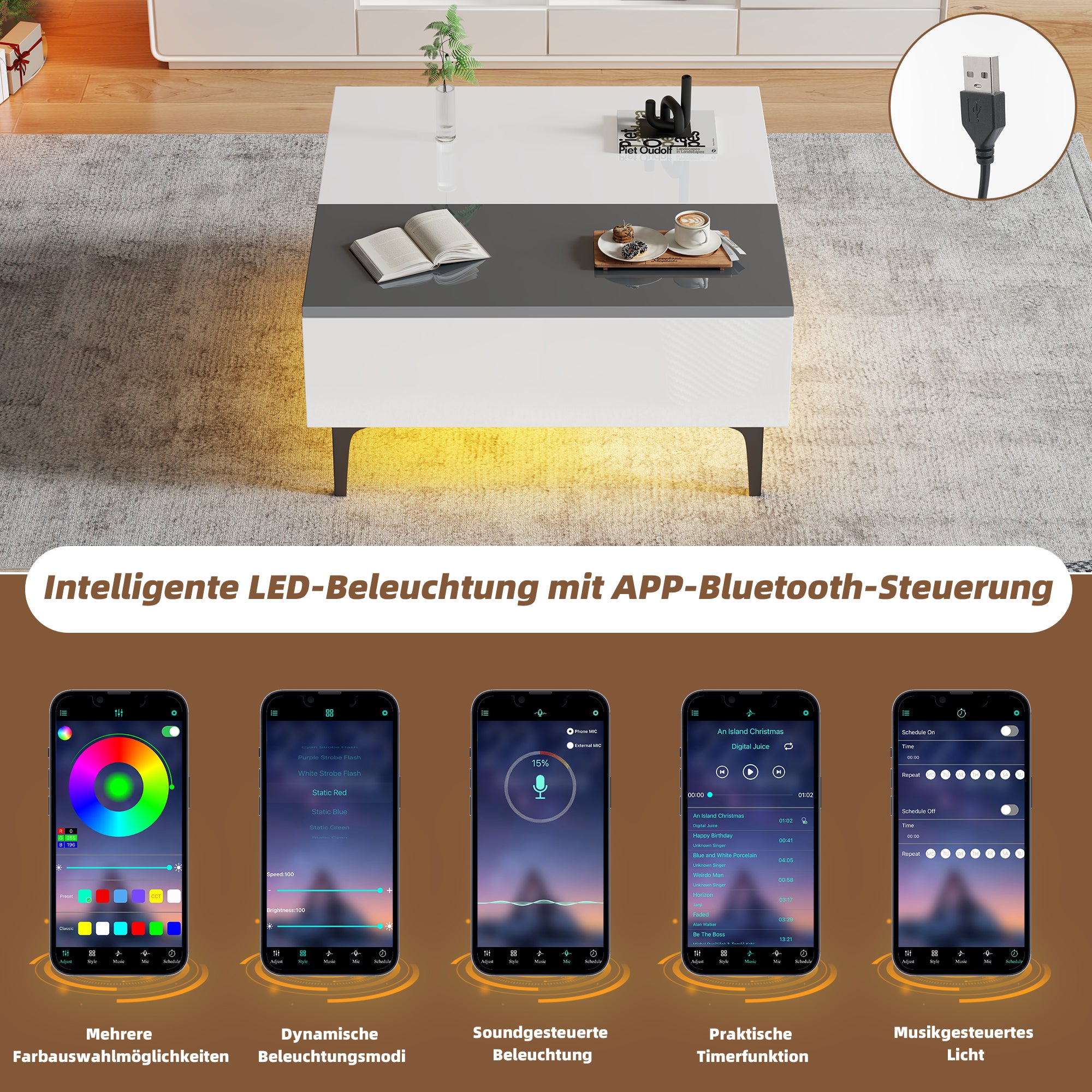 Coffee Table, Height-Adjustable with Hidden Storage and Shelves, White High-Gloss