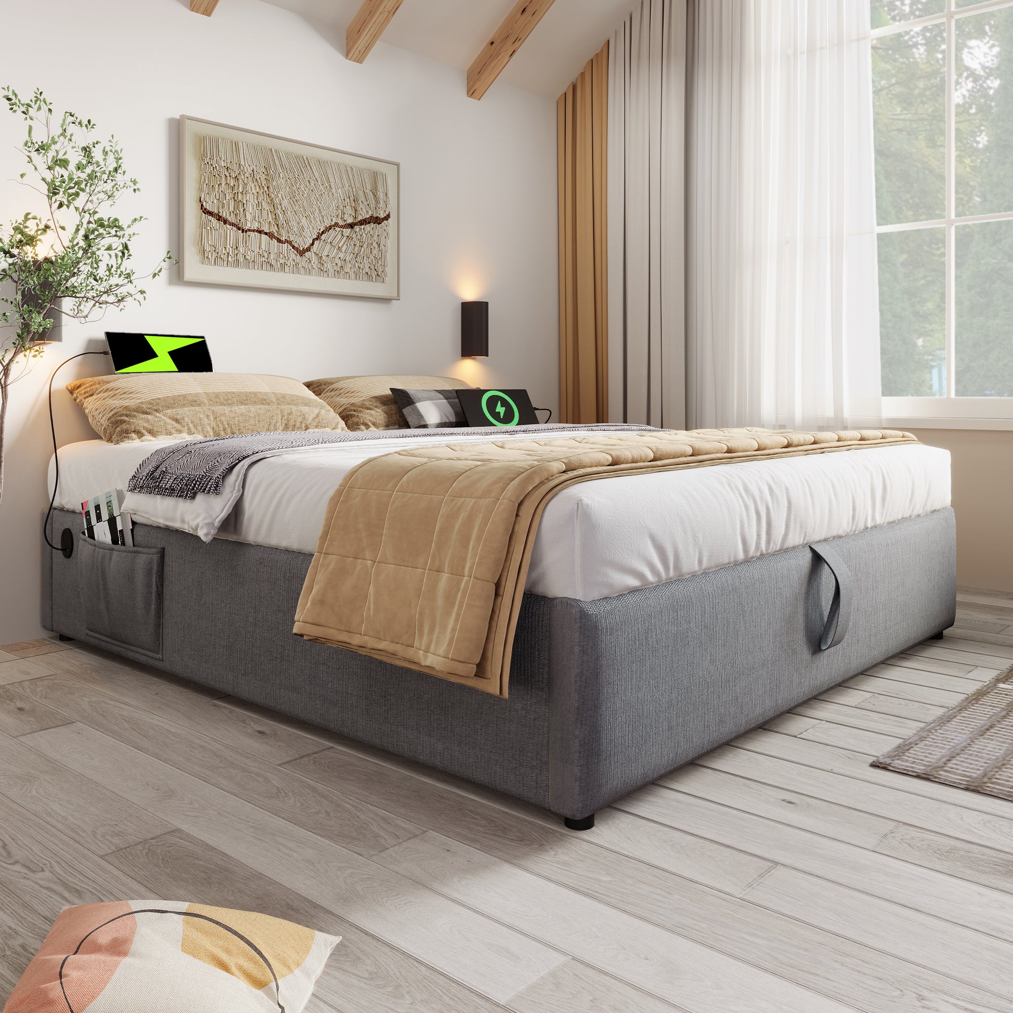 Upholstered Double Bed 140x200 cm, USB-C, Full Slatted Frame, Cotton Grey