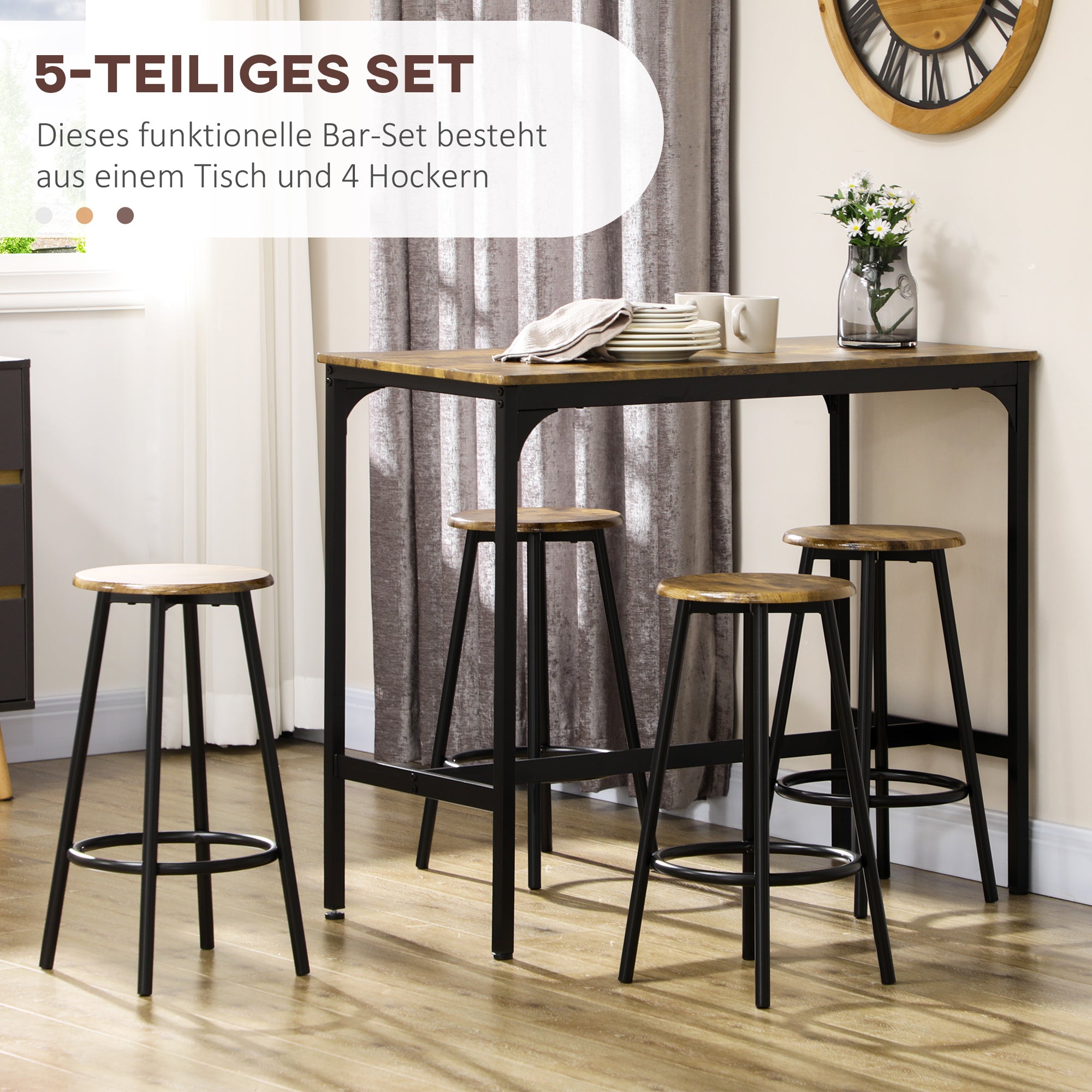 5-Piece Bar Table Set, 4 Bar Stools Industrial Design Rustic Brown Metal