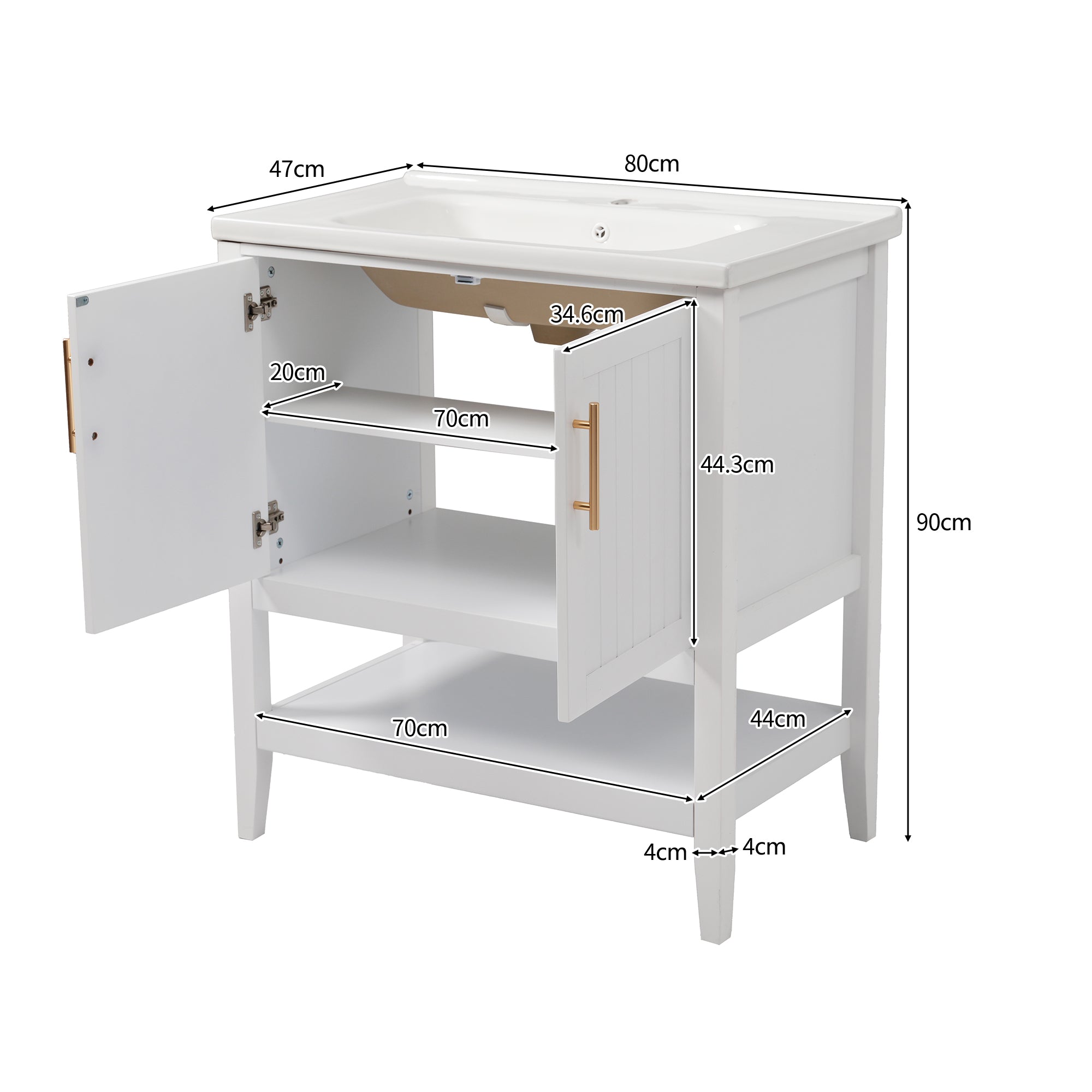 Bathroom Vanity Unit 80cm Base Cabinet with Ceramic Washbasin, White