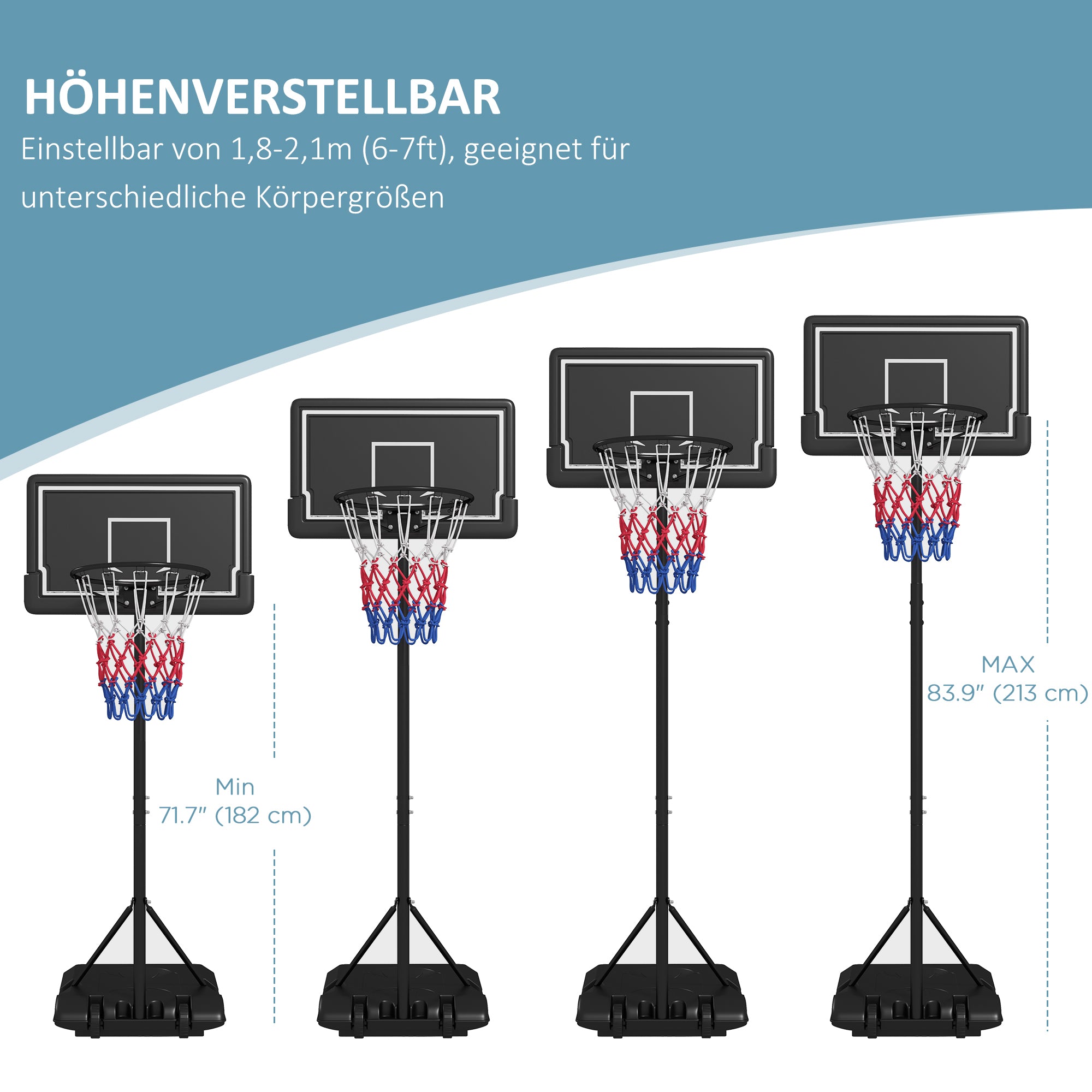 Basketball Hoop, Adjustable 220-250cm Wheels Break-Resistant Backboard, with Stand