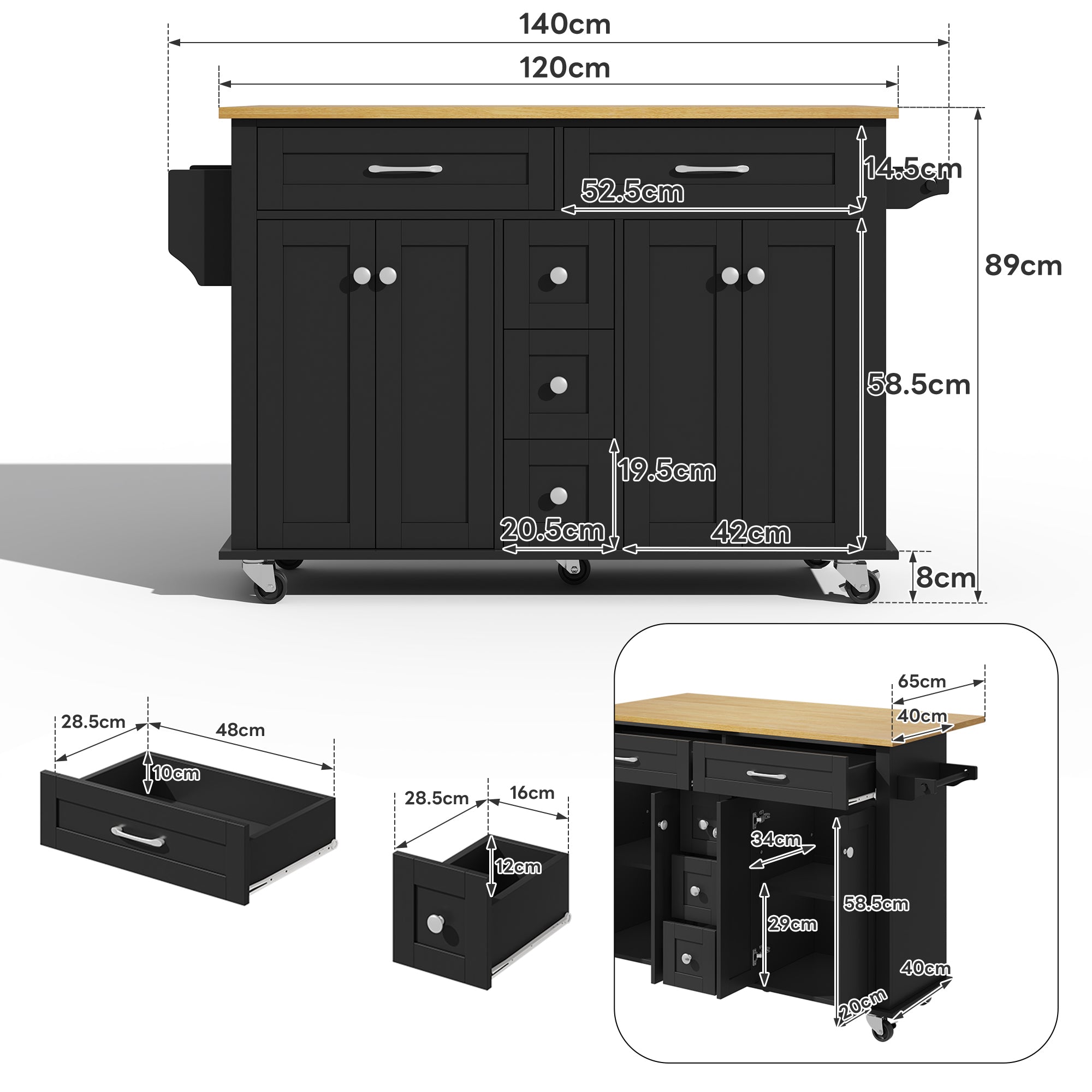 Multifunctional Kitchen Island Mobile Trolley with Extendable Worktop, 5 Drawers & Spice Rack