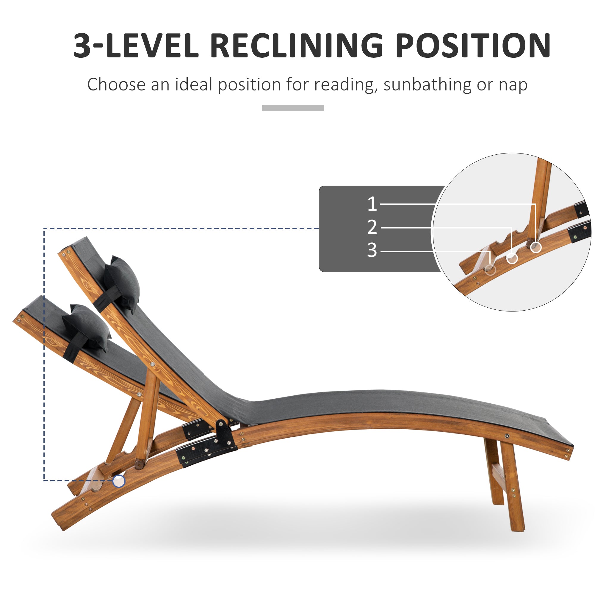Ergonomic Patio Lounge Chair Outdoor Chaise with 3-Position Adjustable Back and Headrest Pillow, Wooden Black