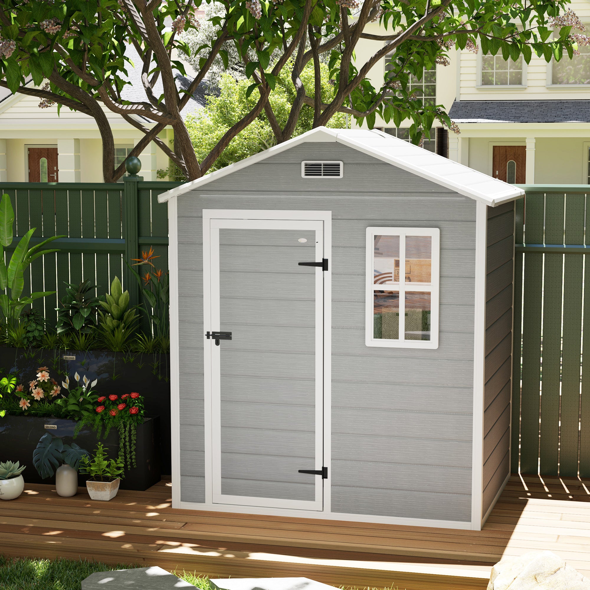 Outdoor Shed with Foundation, Lockable Door, Vents, Windows, Plastic, Grey