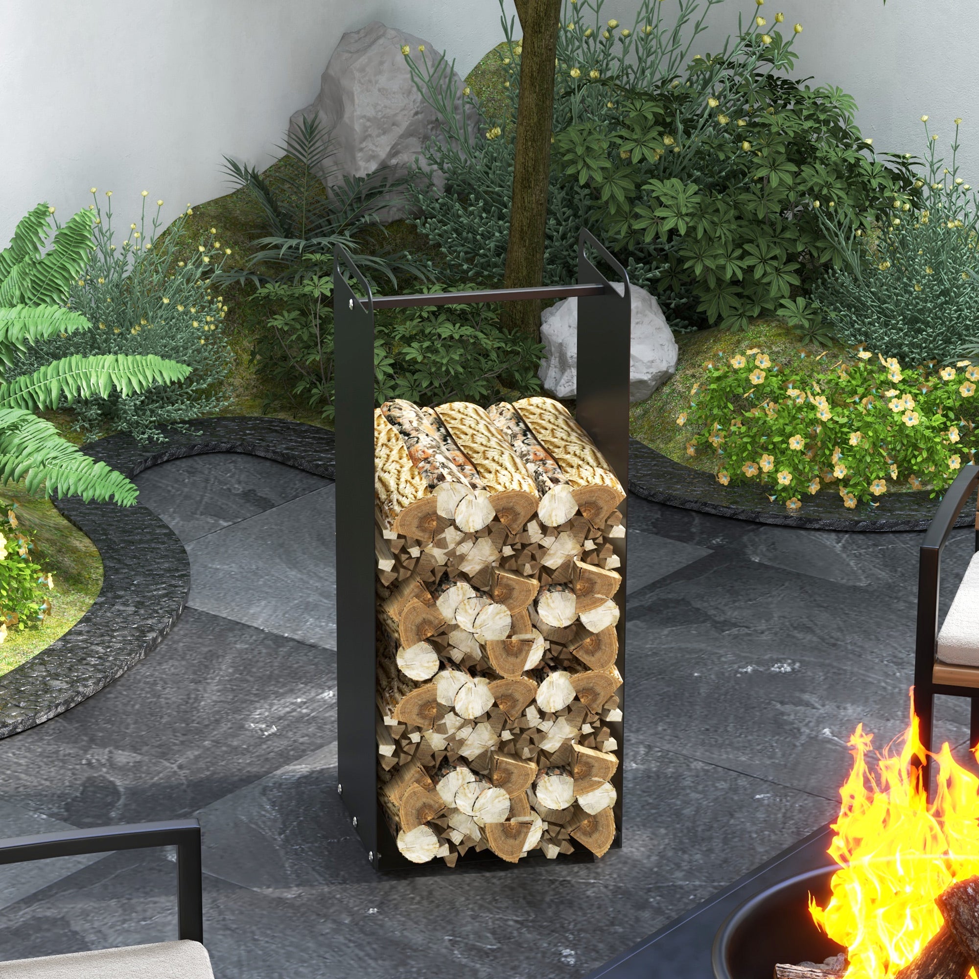 Firewood Rack 36x30x90cm Handles Indoor/Outdoor 30kg Load, Steel Black