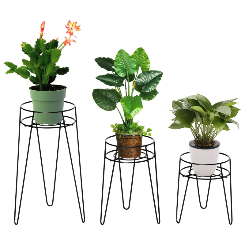 Flower Stand Set, 3-Piece Plant Stands for Pots, Black Metal