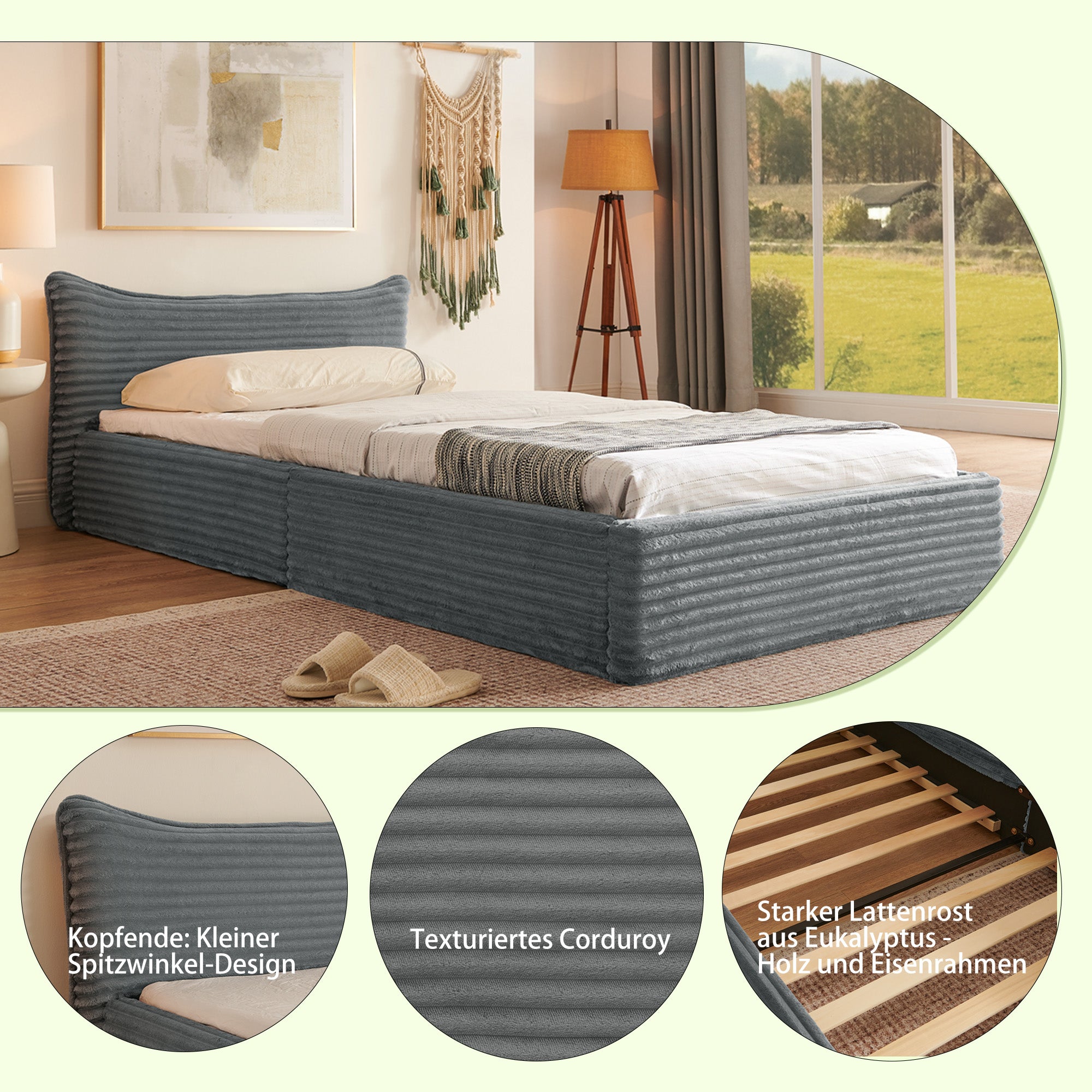 Single Bed 90x200cm Corduroy Cover Wood/Iron Frame - Dark Grey