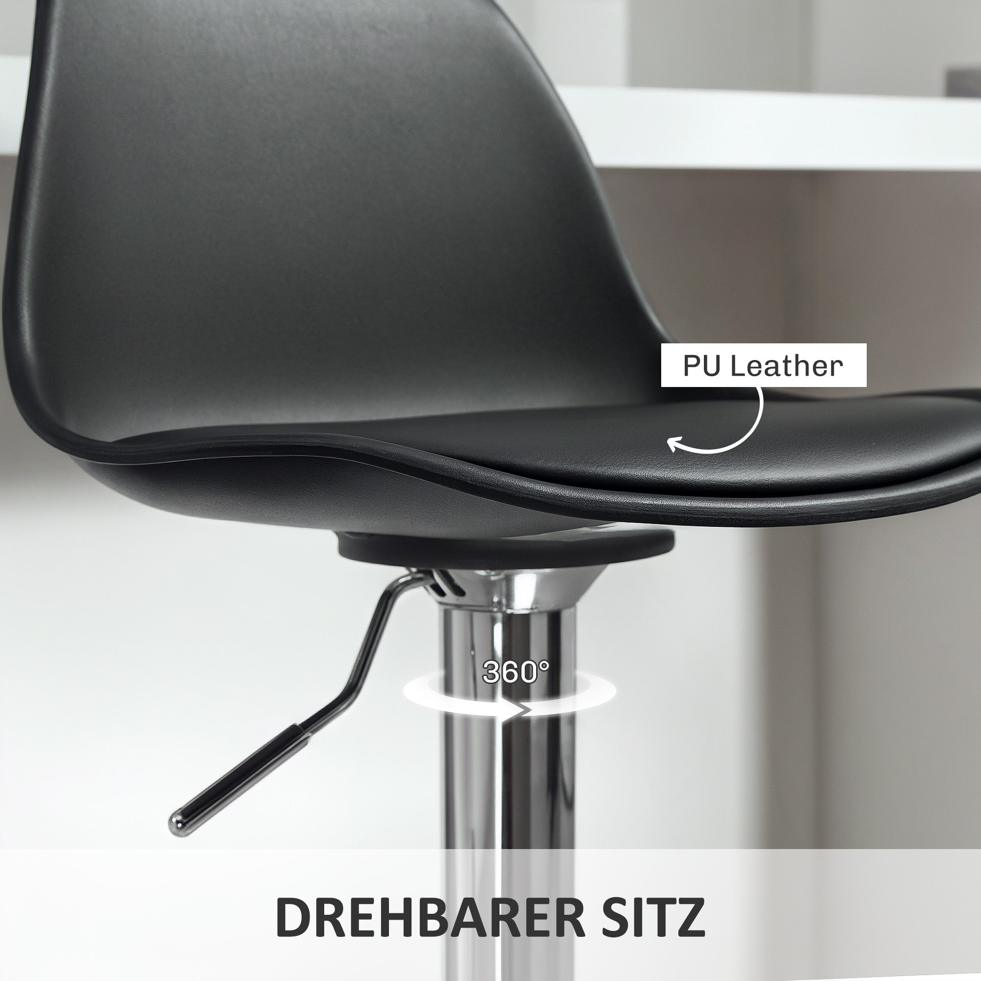 Bar Stool Set of 2, Padded, Height-Adjustable, Rotatable, Faux Leather Black