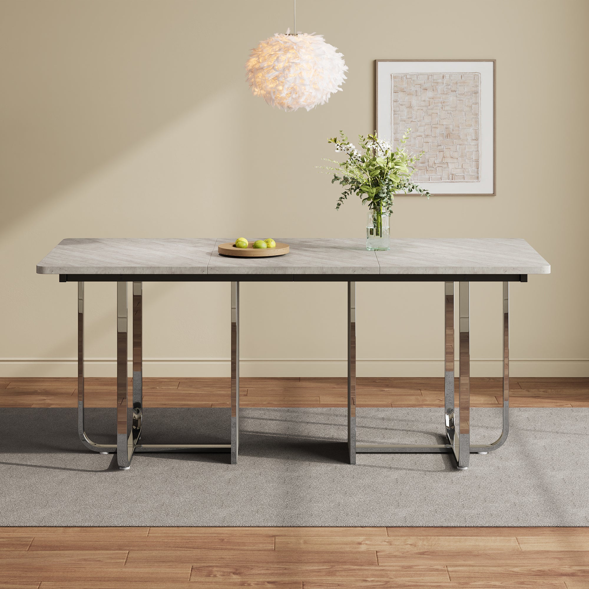Dining Table 180x80cm Rectangular 6-Seater Metal Legs - Grey/Silver