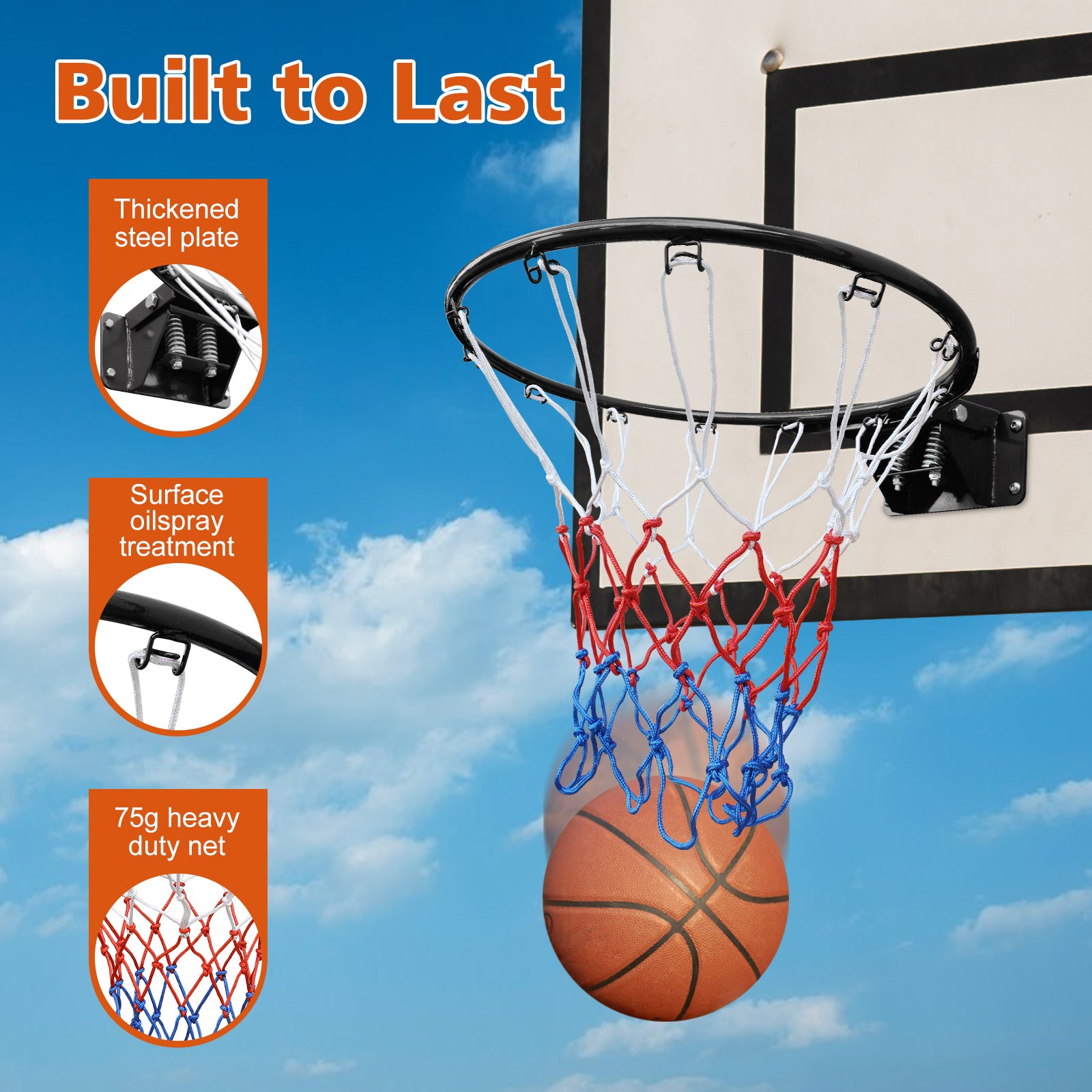 Basketball Rim Replacement, Double Spring Solid, In-Ground & Wall-Mounted Steel, Black