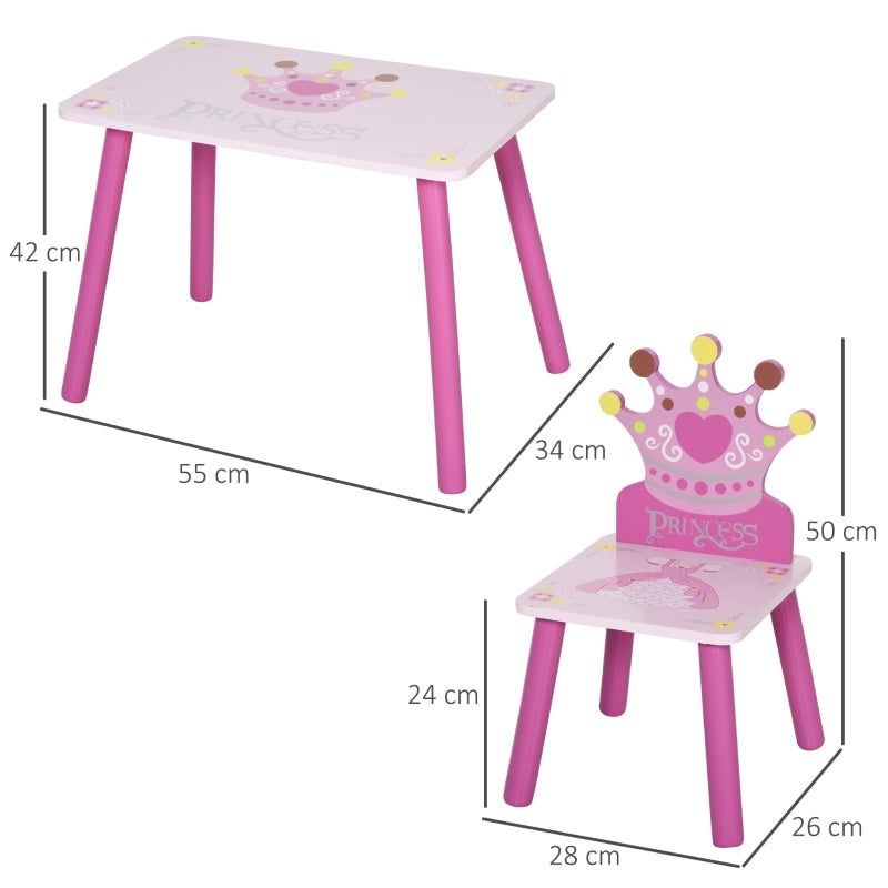 3 Pcs Kids Table and Chair Set Princess & Crown Theme for 2-4 Years Pink