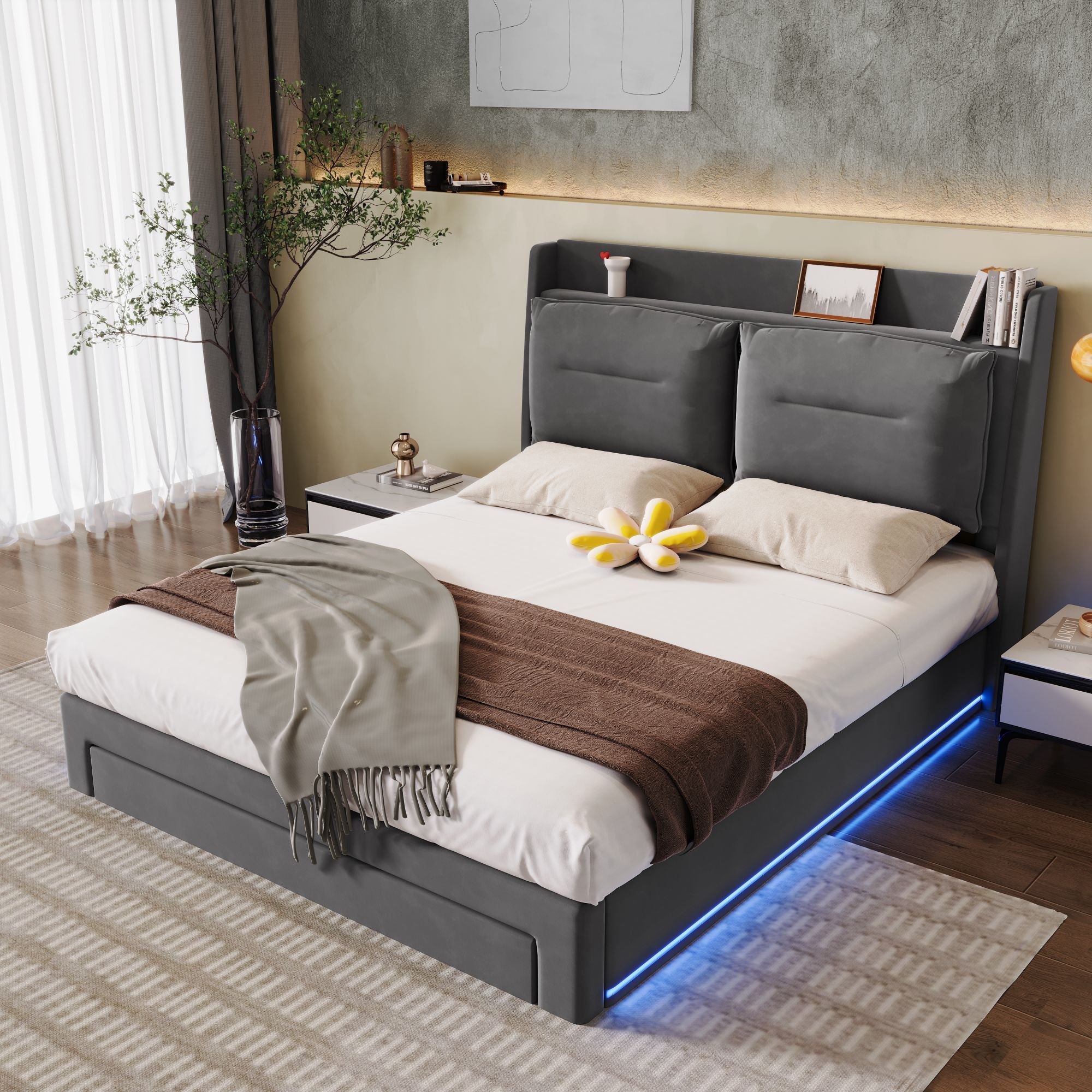 Upholstered Bed, 150x200 (5ft) King Size, Hydraulic with 2-in-1 End Storage Drawers, LED Light Strips & Slatted Frame, Dark Gray Velvet