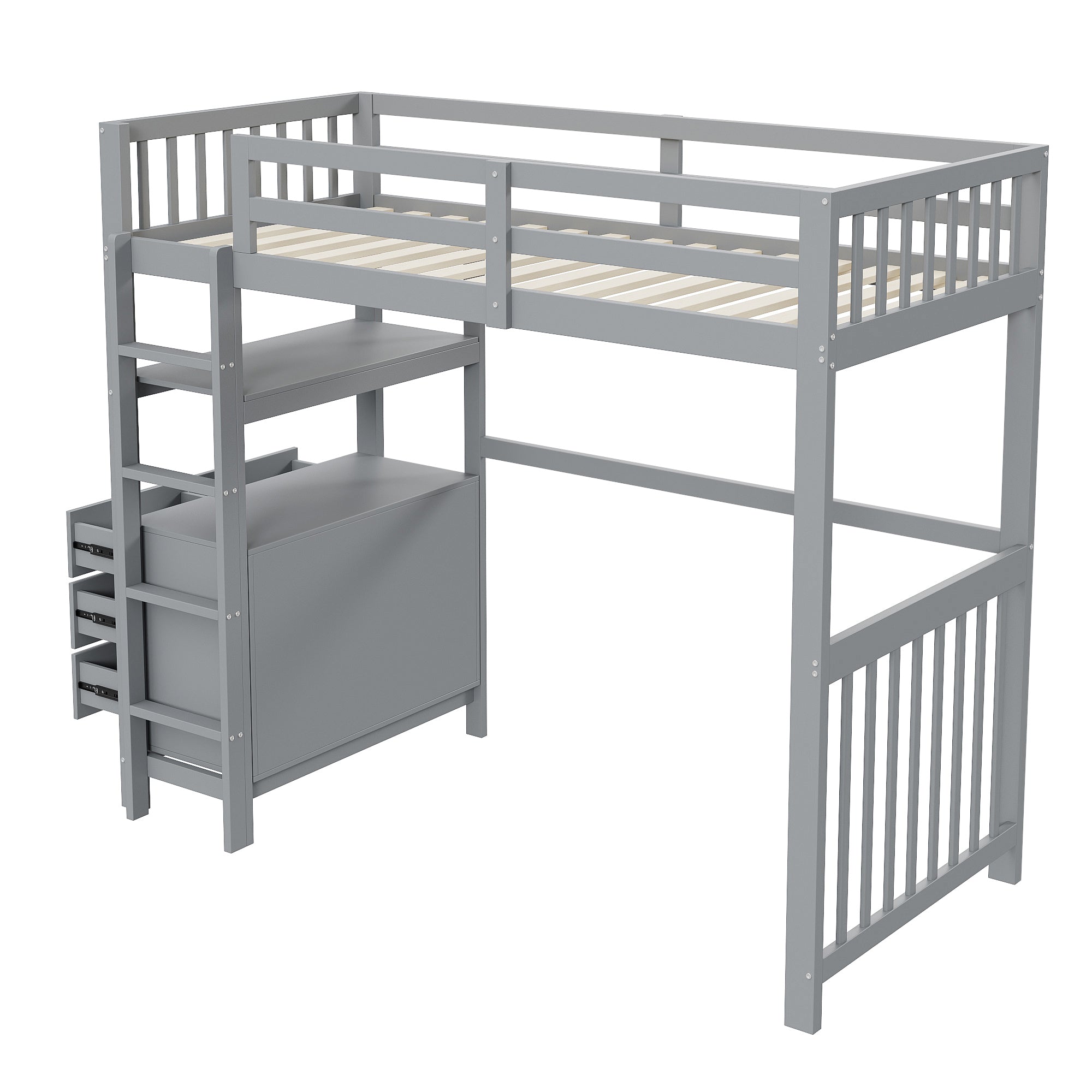 Loft Bed, 90x200cm with Ladder, Drawers, Shelves, Slatted Frame, Pinewood, Grey