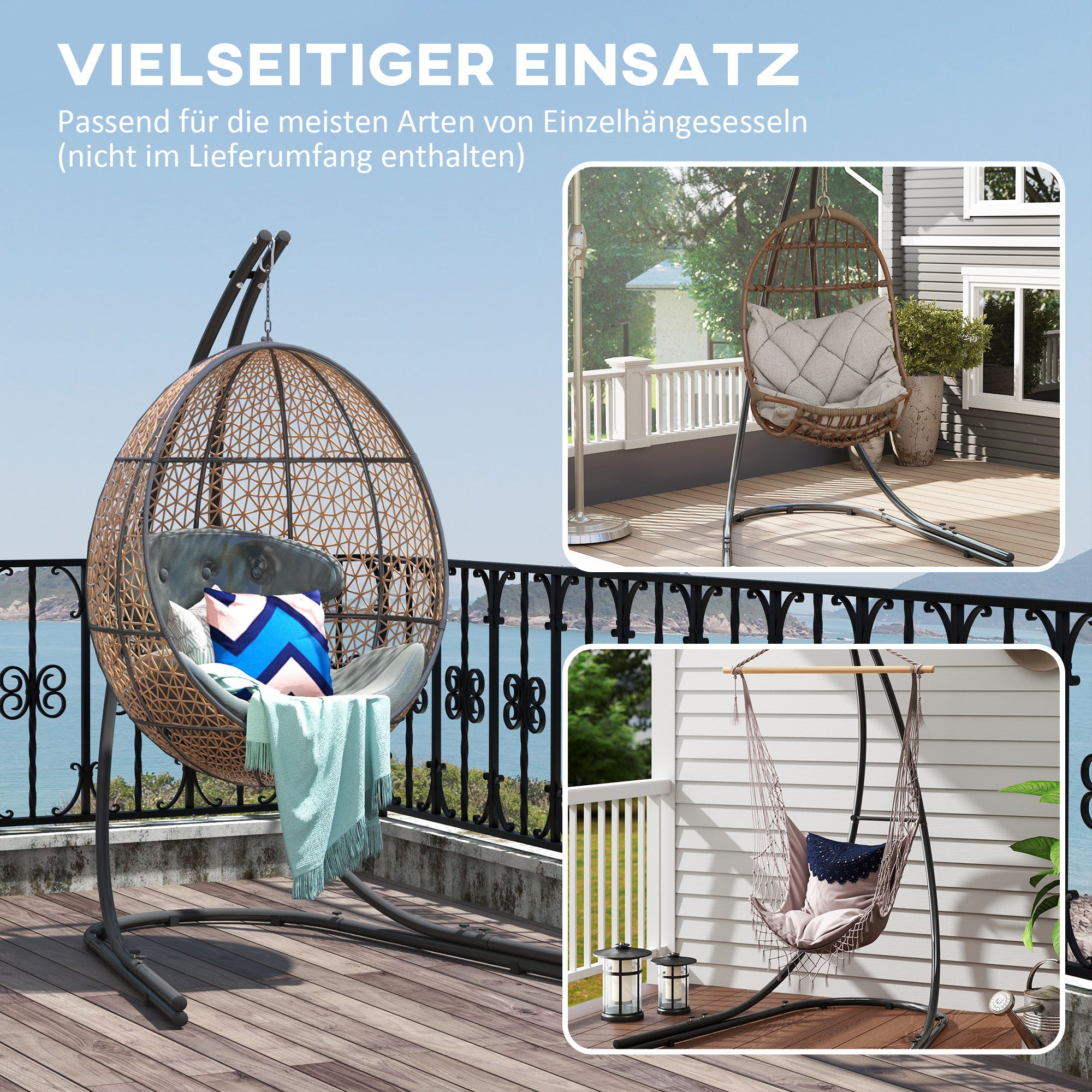 C-shaped Hanging Chair Stand, 150kg Indoor Outdoor Use, Metal Black