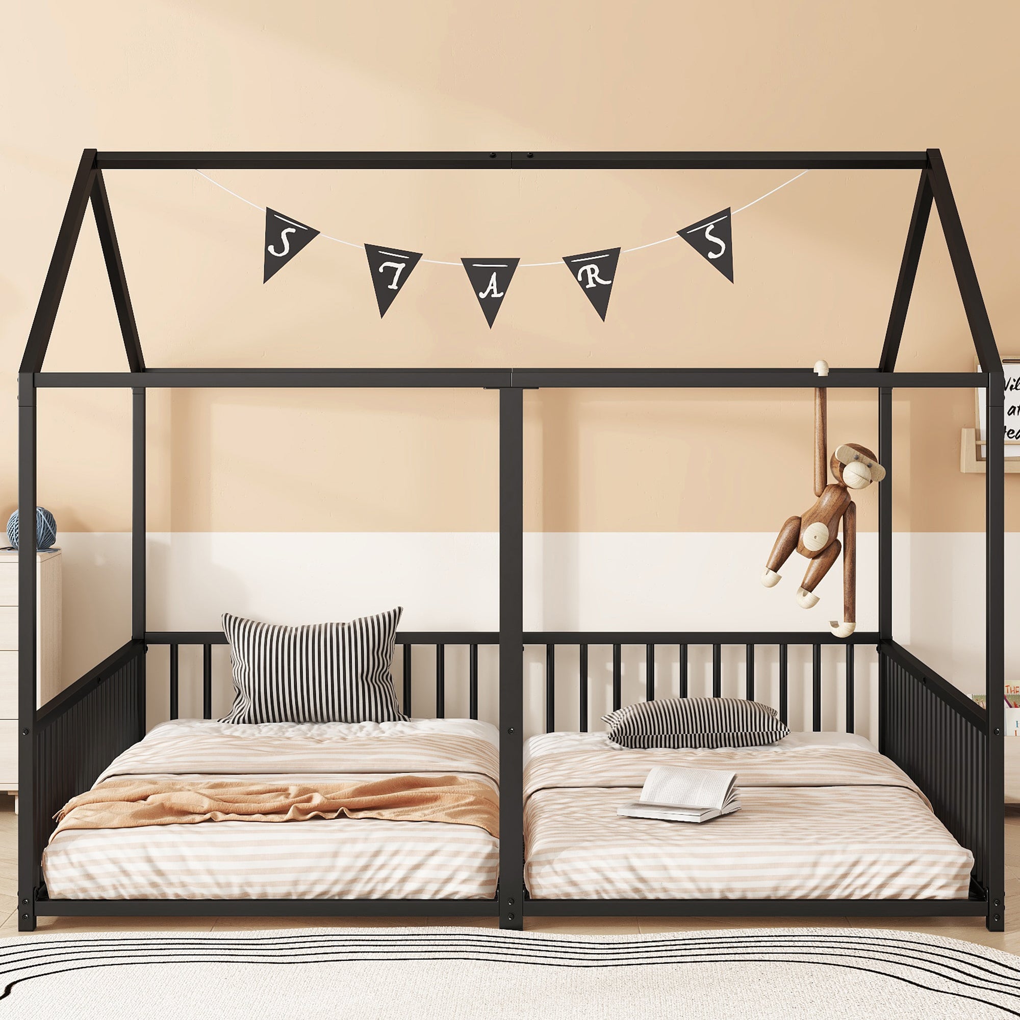Metal Bed 90x200cm House Design Ladder - Black Iron Frame