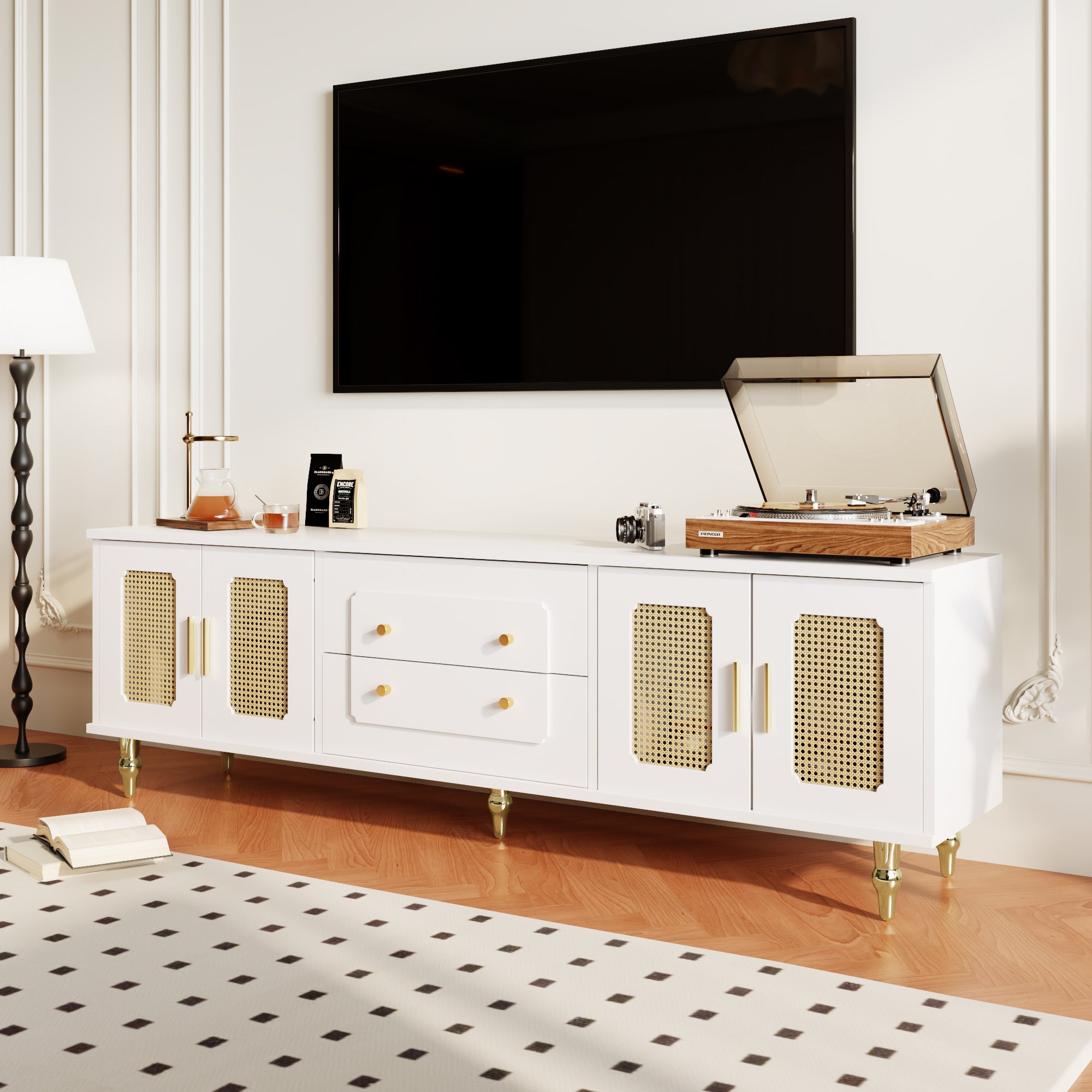 TV Cabinet, Retro Lowboard with Rattan Door & Gold Handles, Metal Legs
