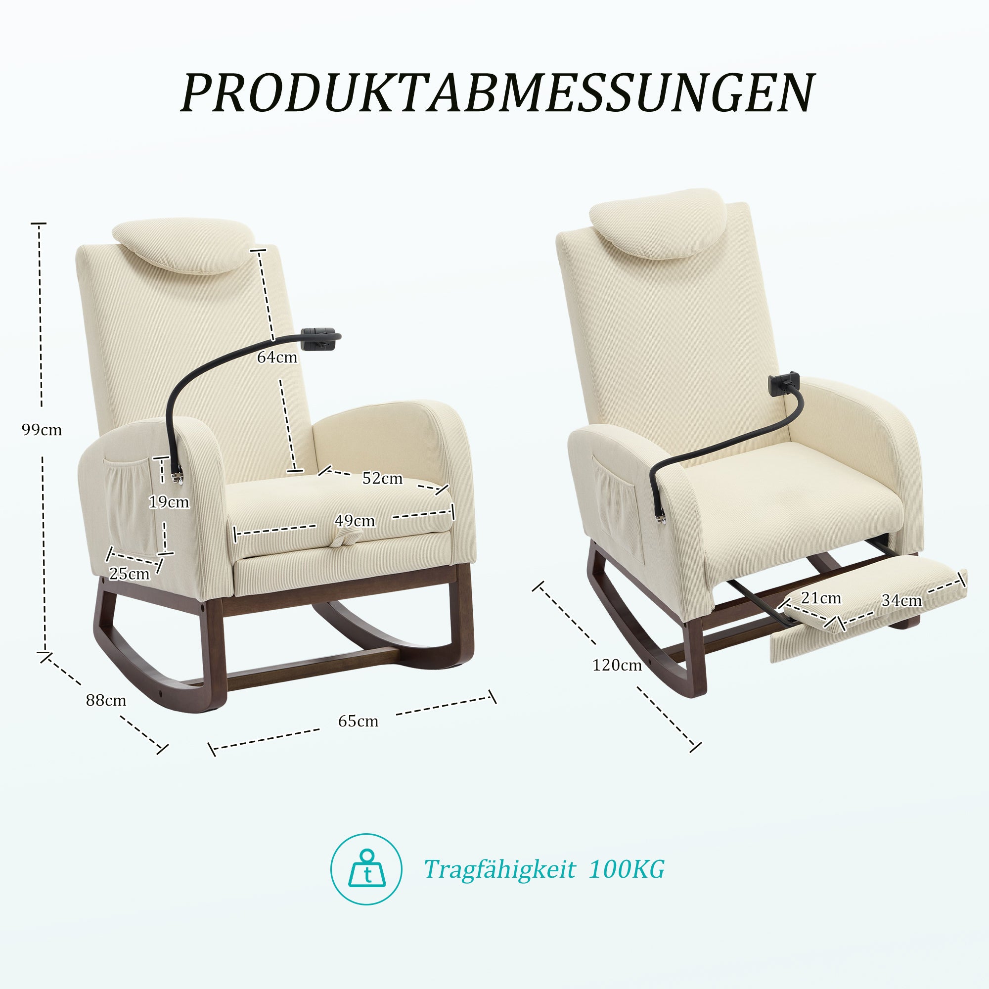 Multifunctional Rocking Chair High Backrest Extendable Footrest Corduroy