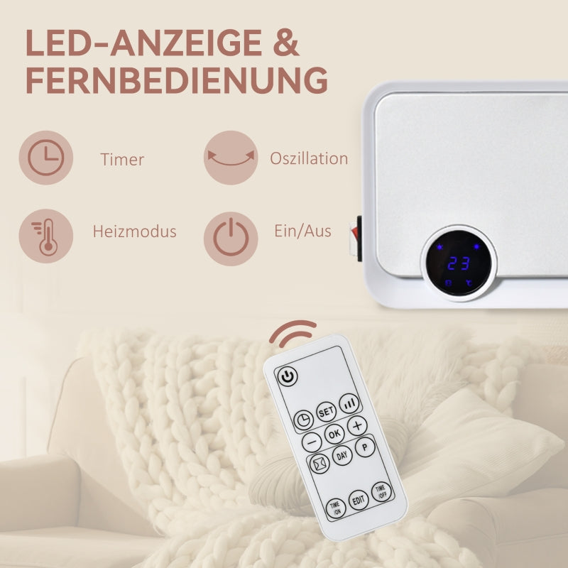 Wall-Mounted Fan Heater, 2000W with Remote Control, LED Display, 12h Timer