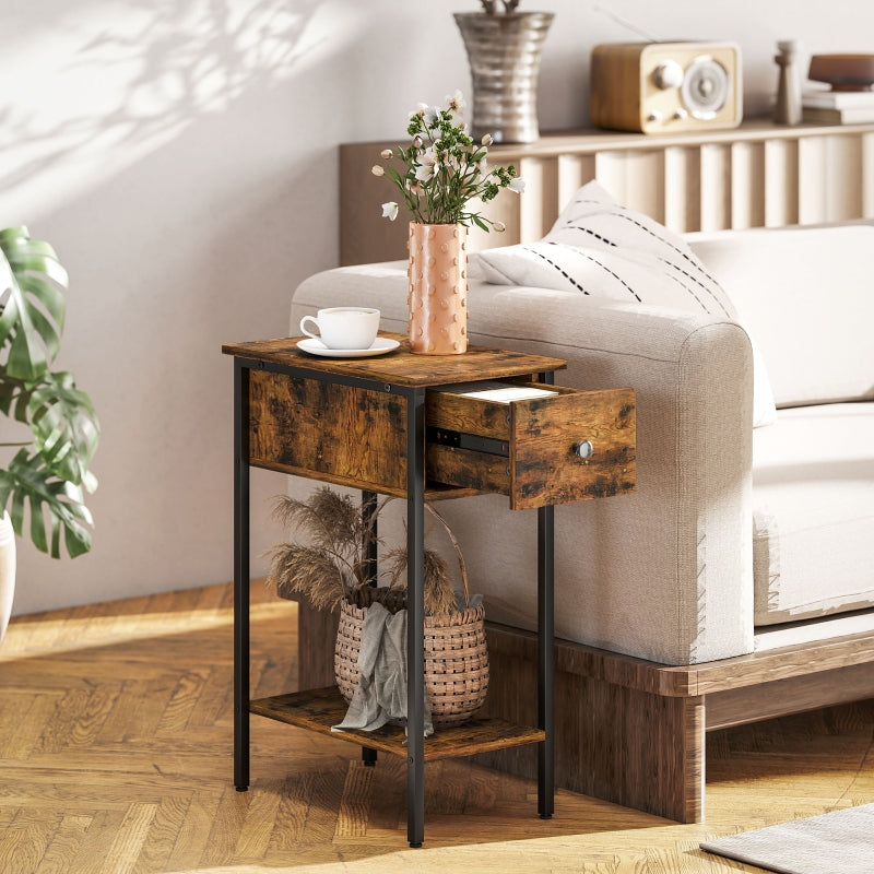 Narrow Side Table, Drawer and Storage Shelf, Rustic Brown
