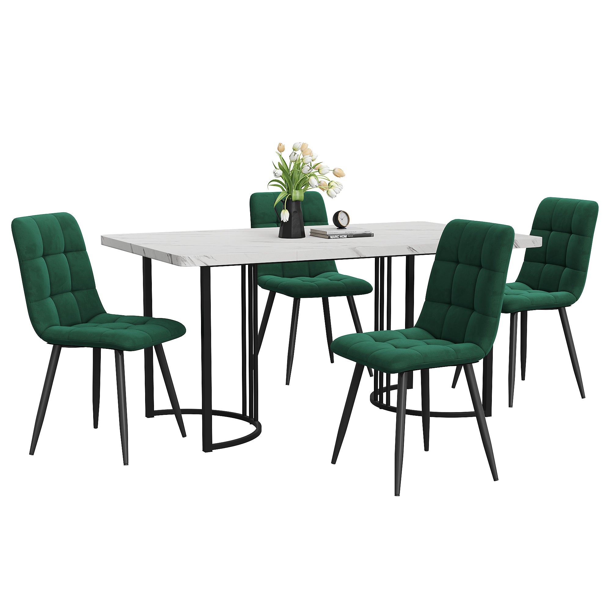 Dining Set, 5-Piece Modern Kitchen Table with 4 Chairs, 140x80cm, White MDF & Dark Green Velvet
