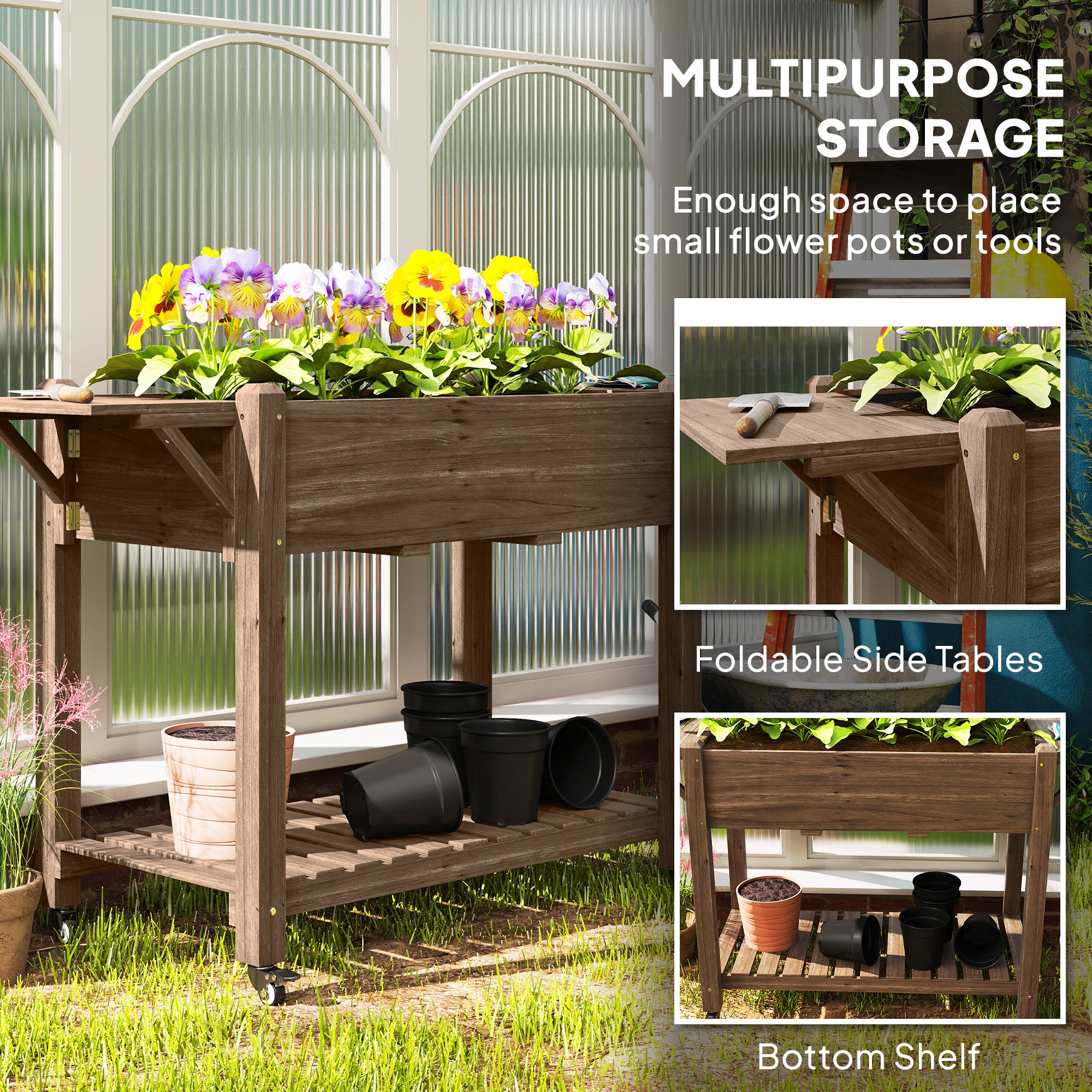 Raised Planter 46 x 94cm with Shelves - Carbonised Wood