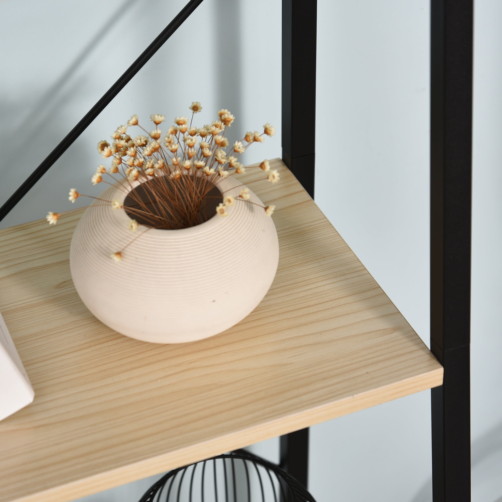 Ladder Shelf Bookshelf 4-Tier Industrial Storage Rack, Oak and Black