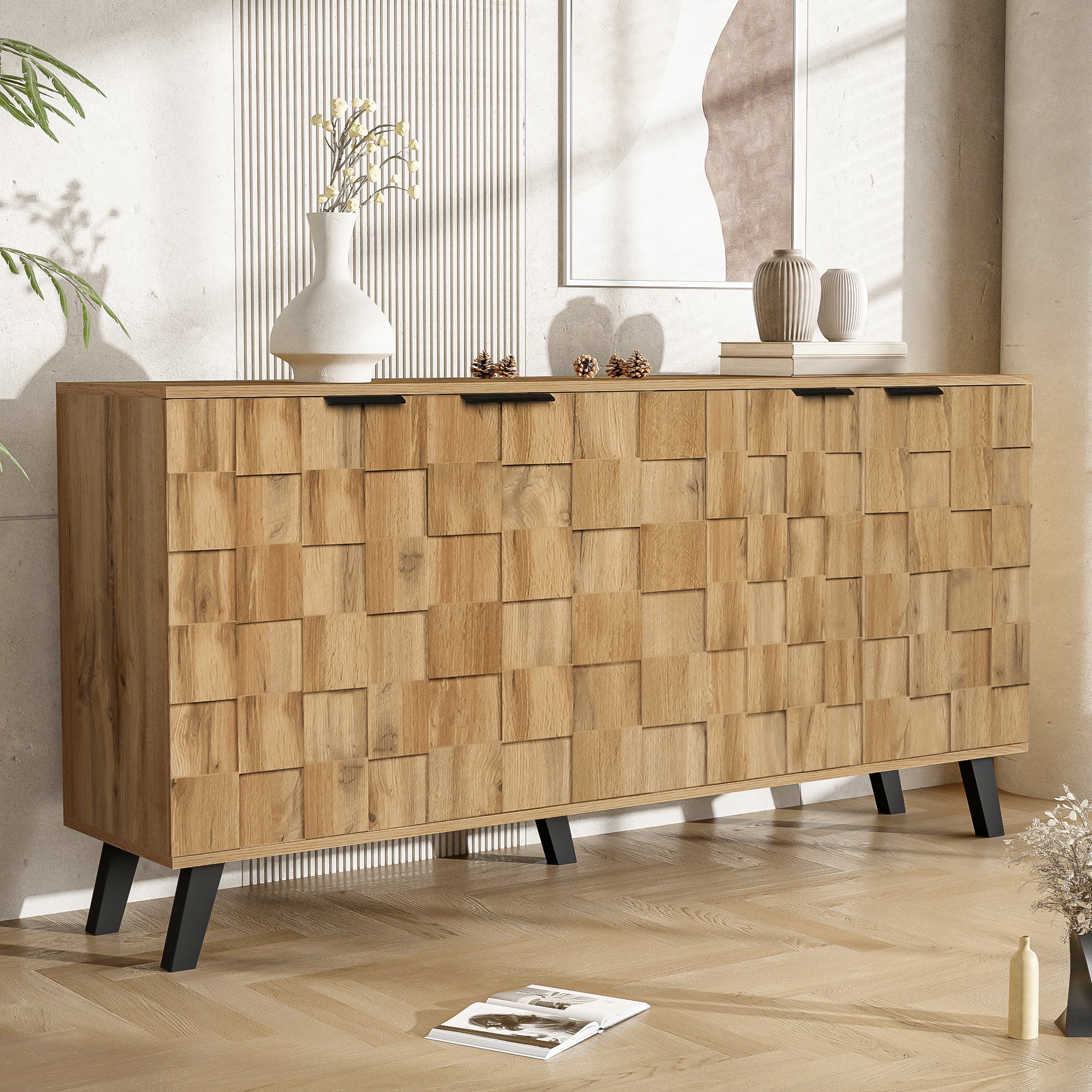 Sideboard, 4 Doors Storage, Wood Color