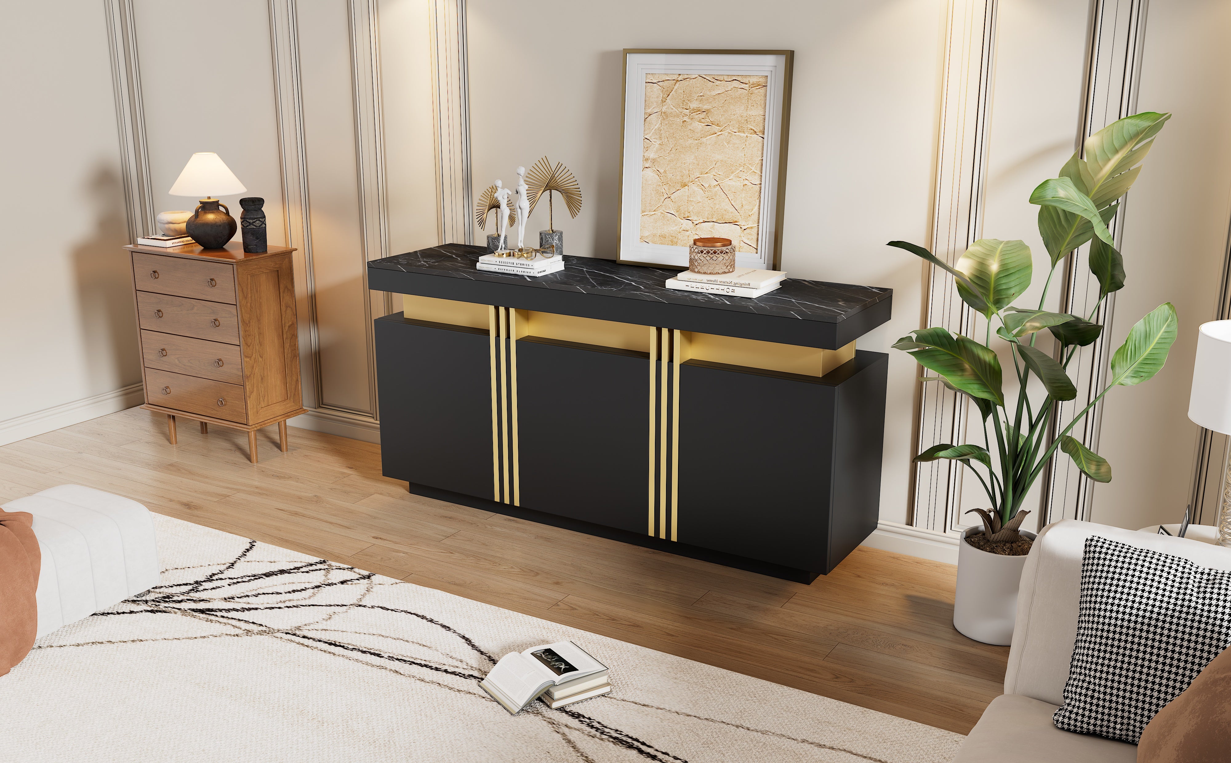 Sideboard, Display Cabinet with 3 Doors, Adjustable Dividers, Black and Gold
