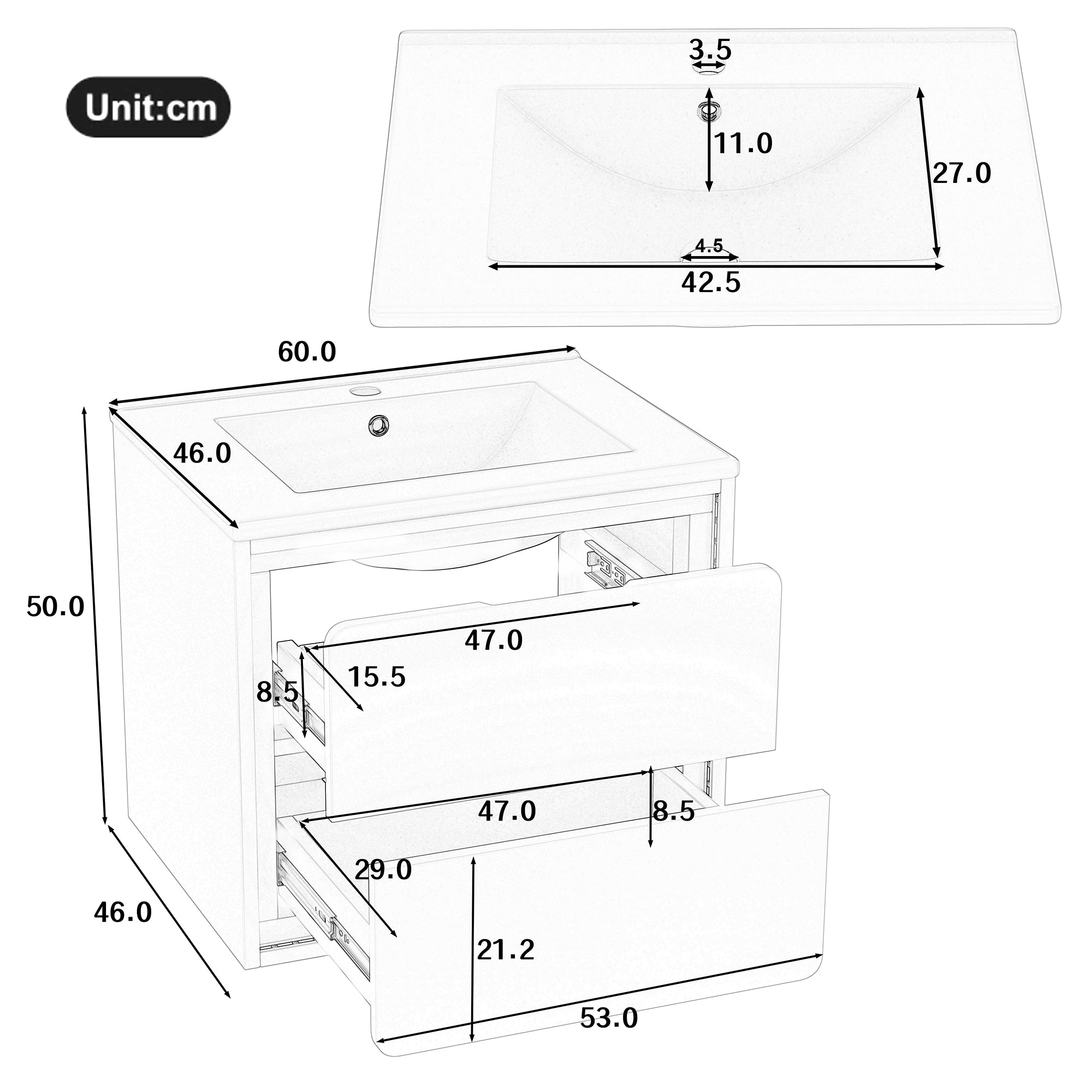 Wall-Mounted Bathroom Vanity Unit with Integrated Sink and LED Radar Sensor Lighting, White
