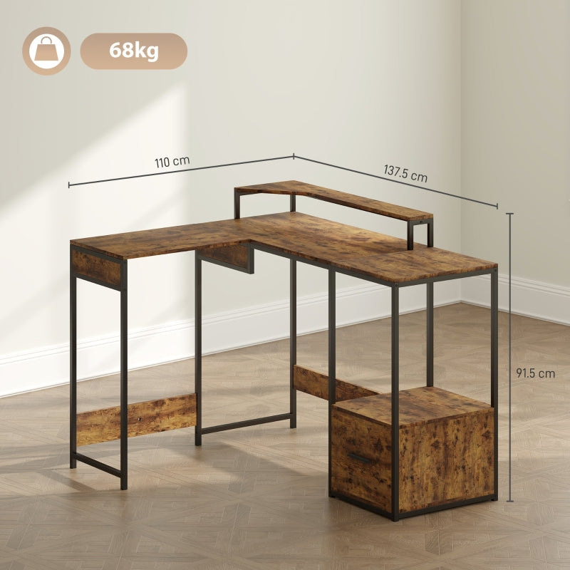 Industrial L-Shaped Multi-Work Desk - Brown