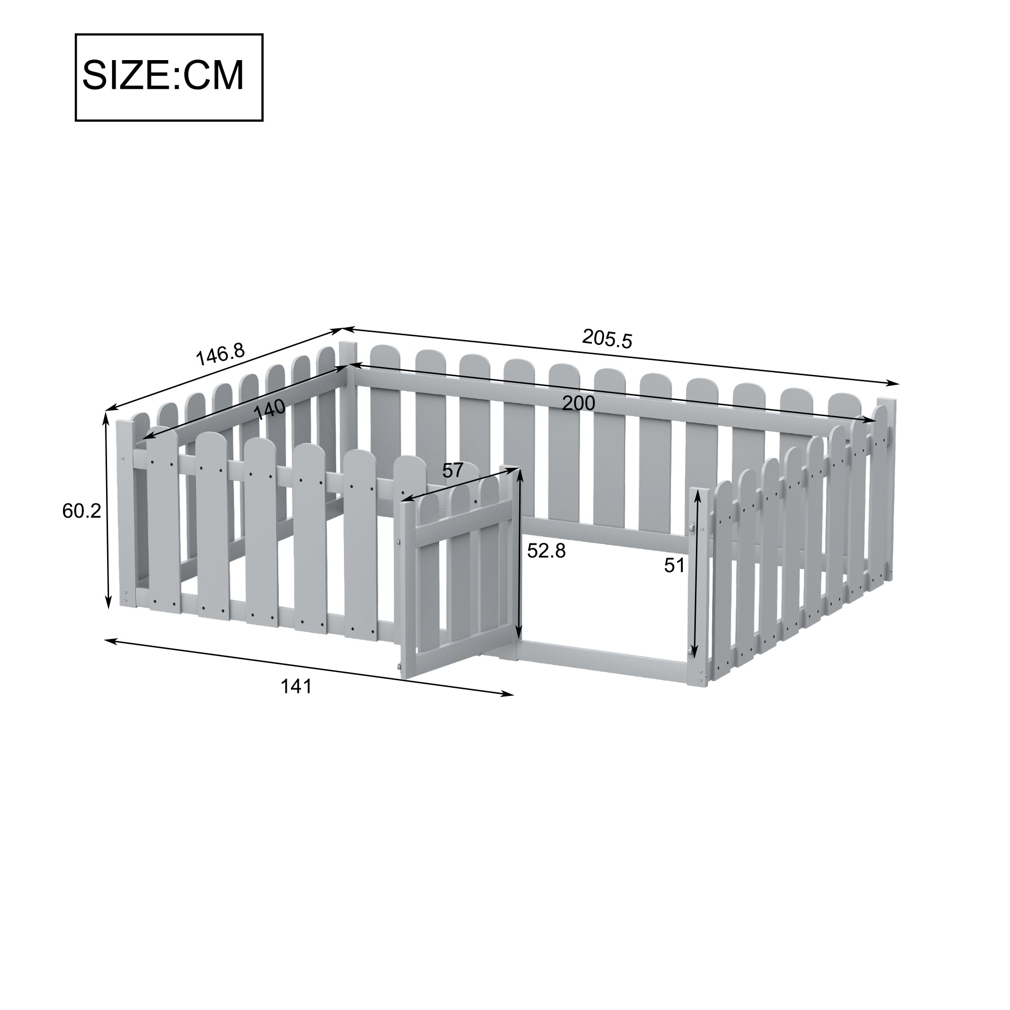 Children's bed 140x200cm wooden bed frame with border and door, grey