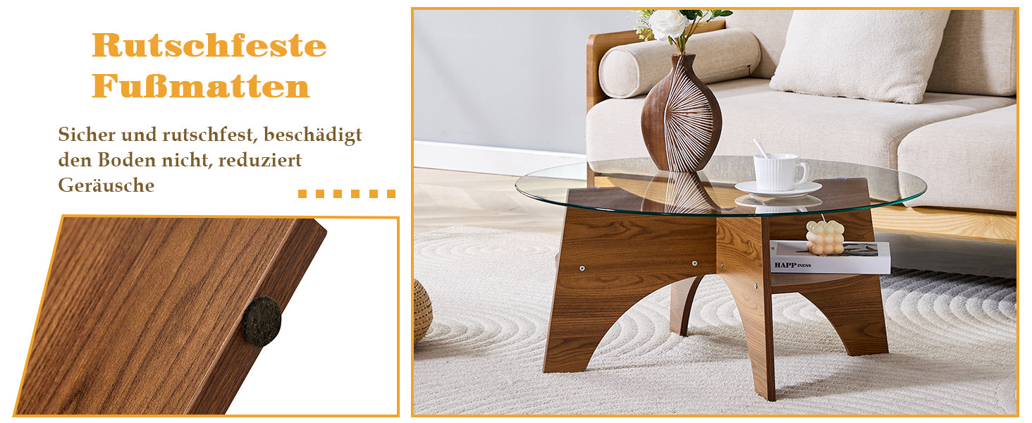 Round Side Table Ø 80 cm Safety Glass Top Multifunctional Walnut-Finish MDF