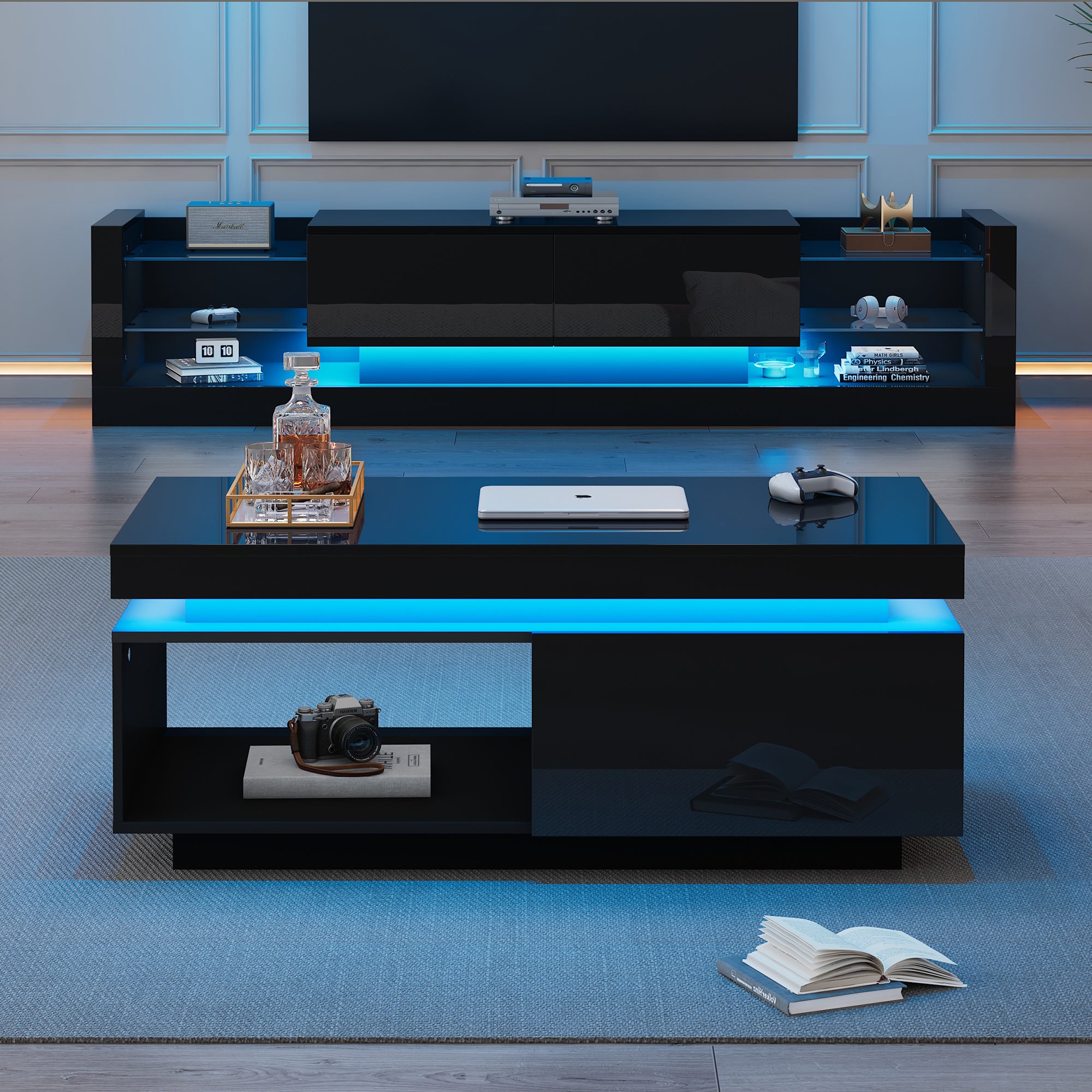 Coffee Table LED Lighting Drawer 100x50x40.3cm High-Gloss