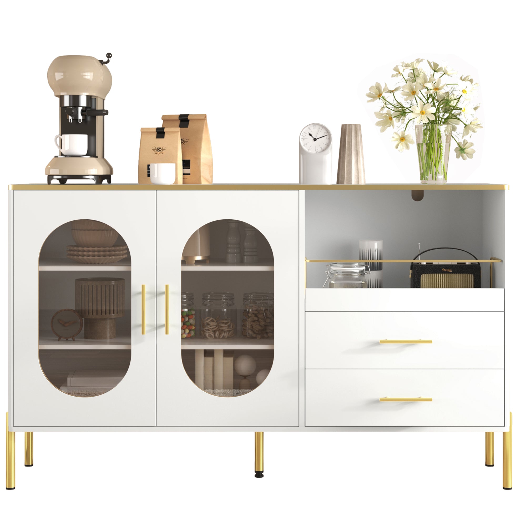 Sideboard Cabinet, 2 Drawers 2 Glass Doors Modern, White Gold Accents