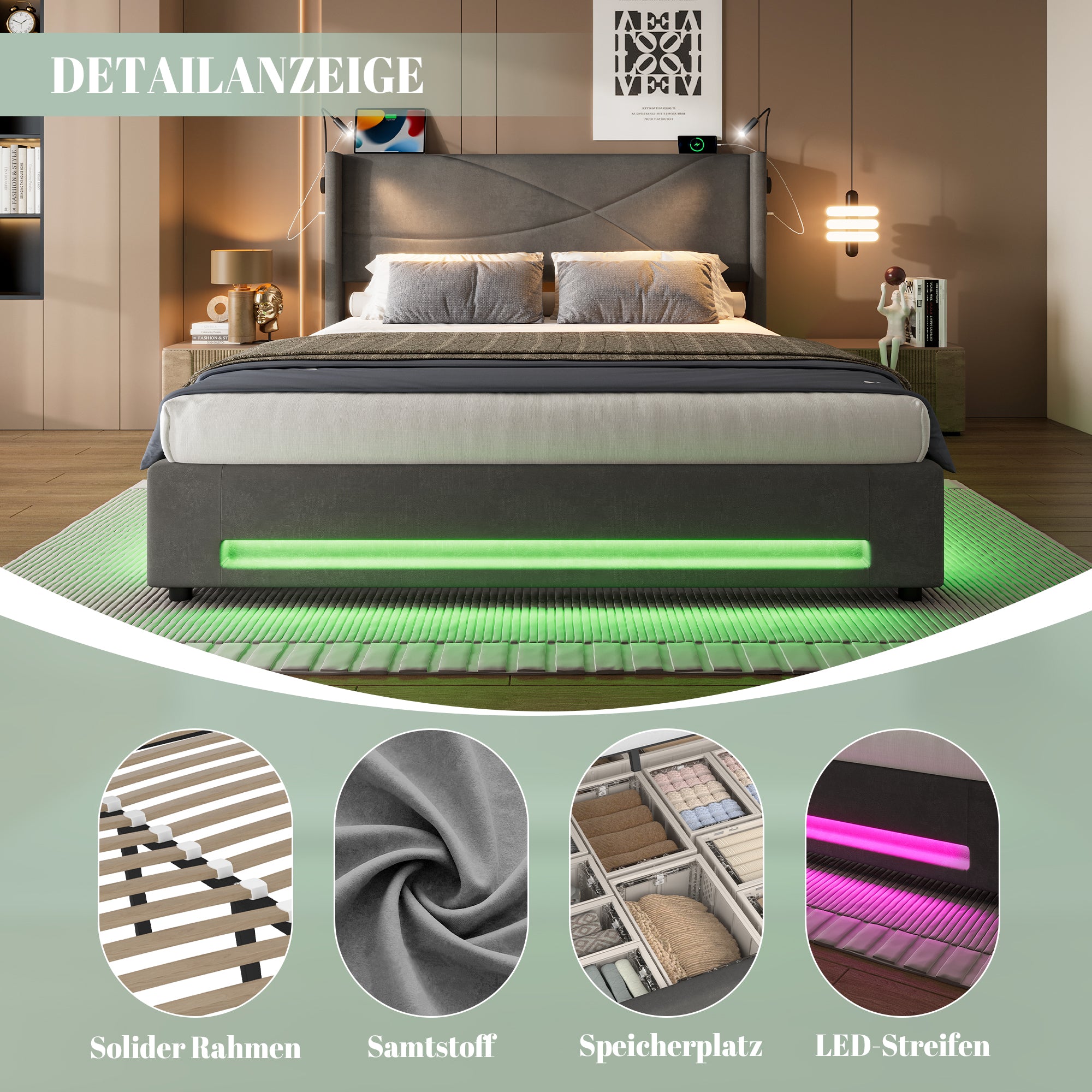 Bed Frame, Modern Design 160x200cm, Hydraulic Storage, LED Lights, USB Ports