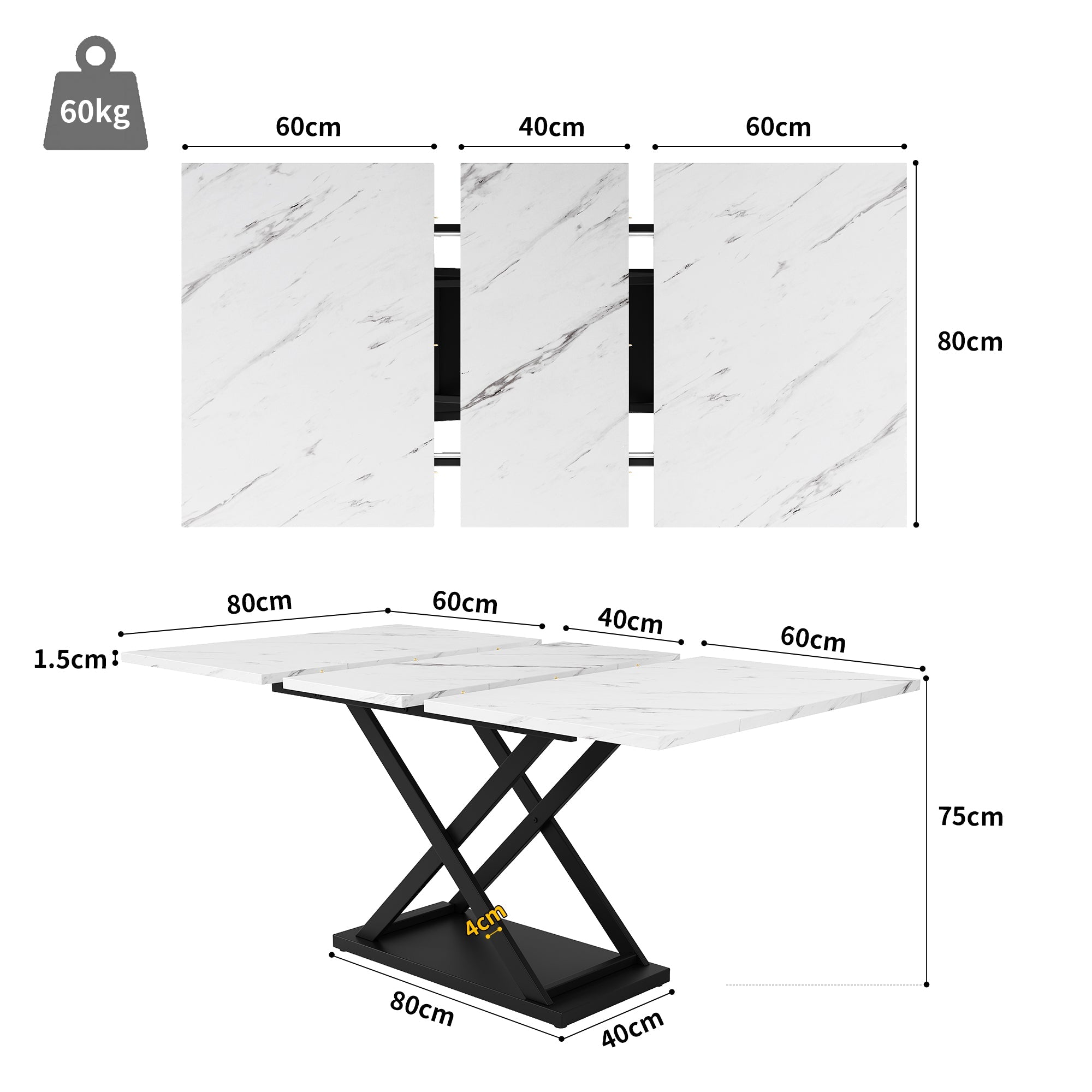 Dining Table, Extendable and Space-Saving, with Black Crossed Iron Legs, White Marble