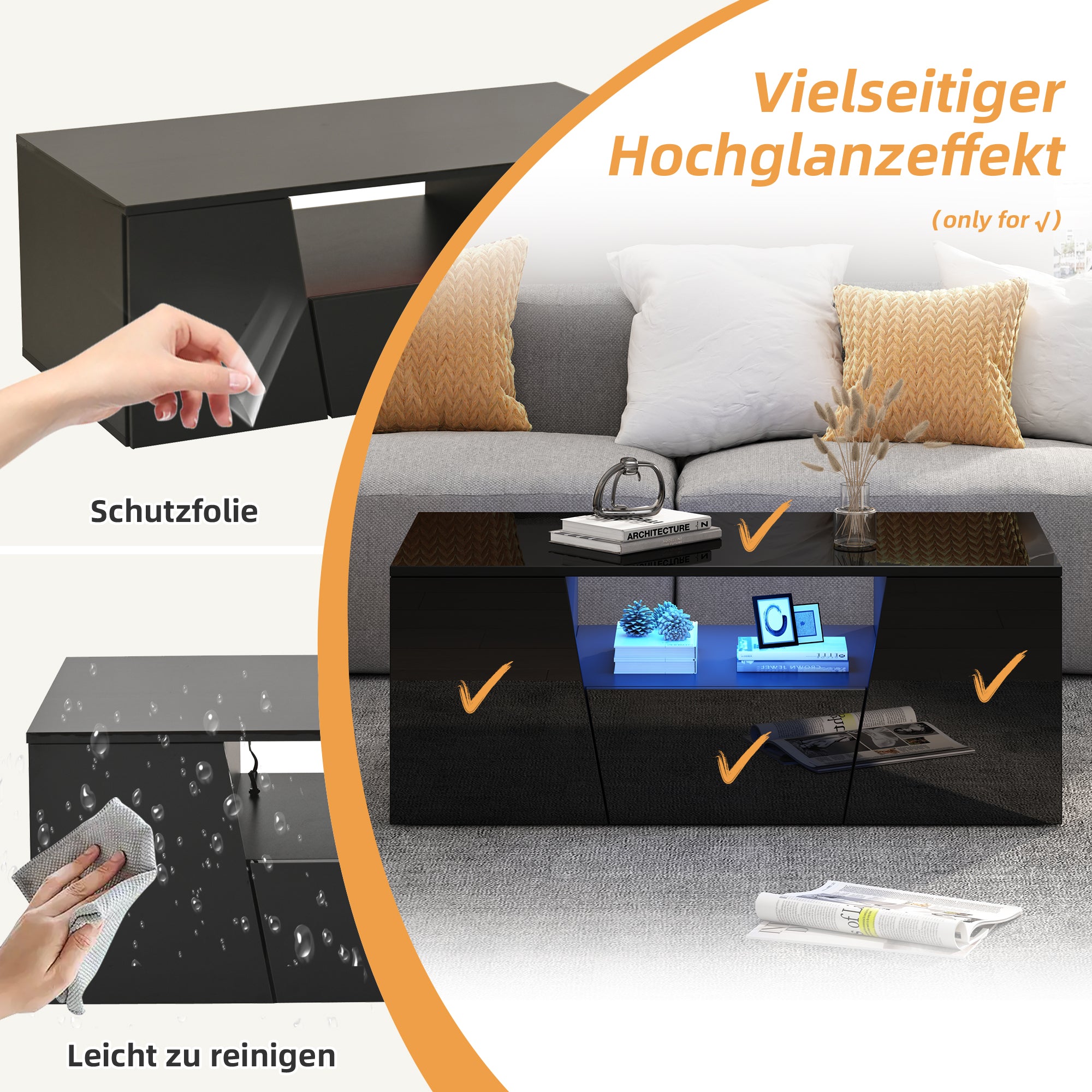 Coffee Table 100x50x40cm, LED Light, 2 Cabinets, 1 Drawer, Black