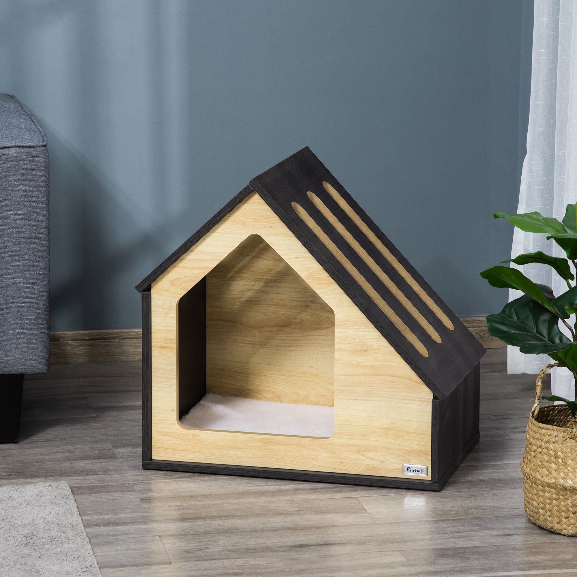 Wooden Dog House, Cat Cave, Dog Sleeping Place, Cozy Cushion, 60 x 40 x 59.2 cm, Wood