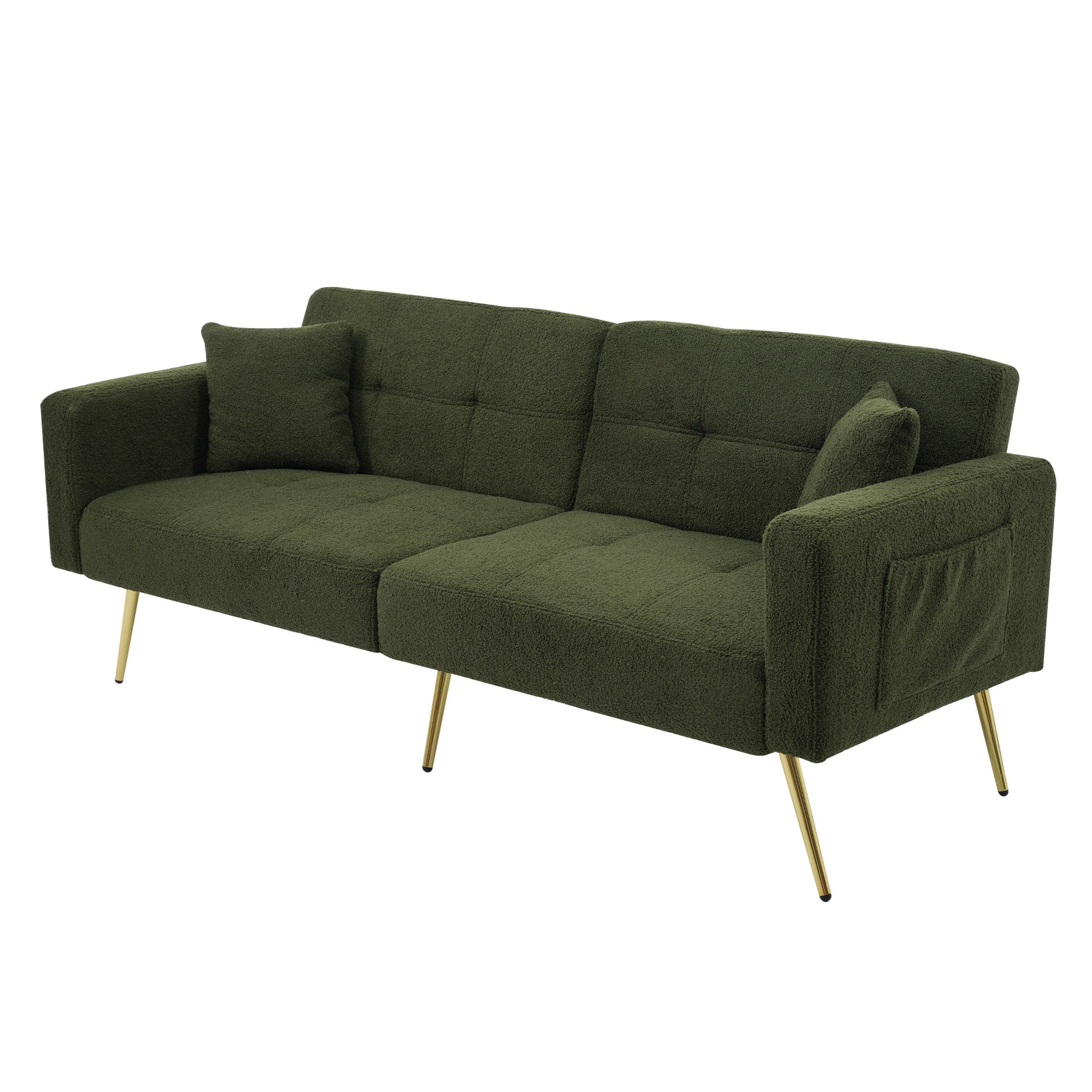 Sofa Bed Adjustable Angle, Gold Legs, Storage Pockets and Cushions