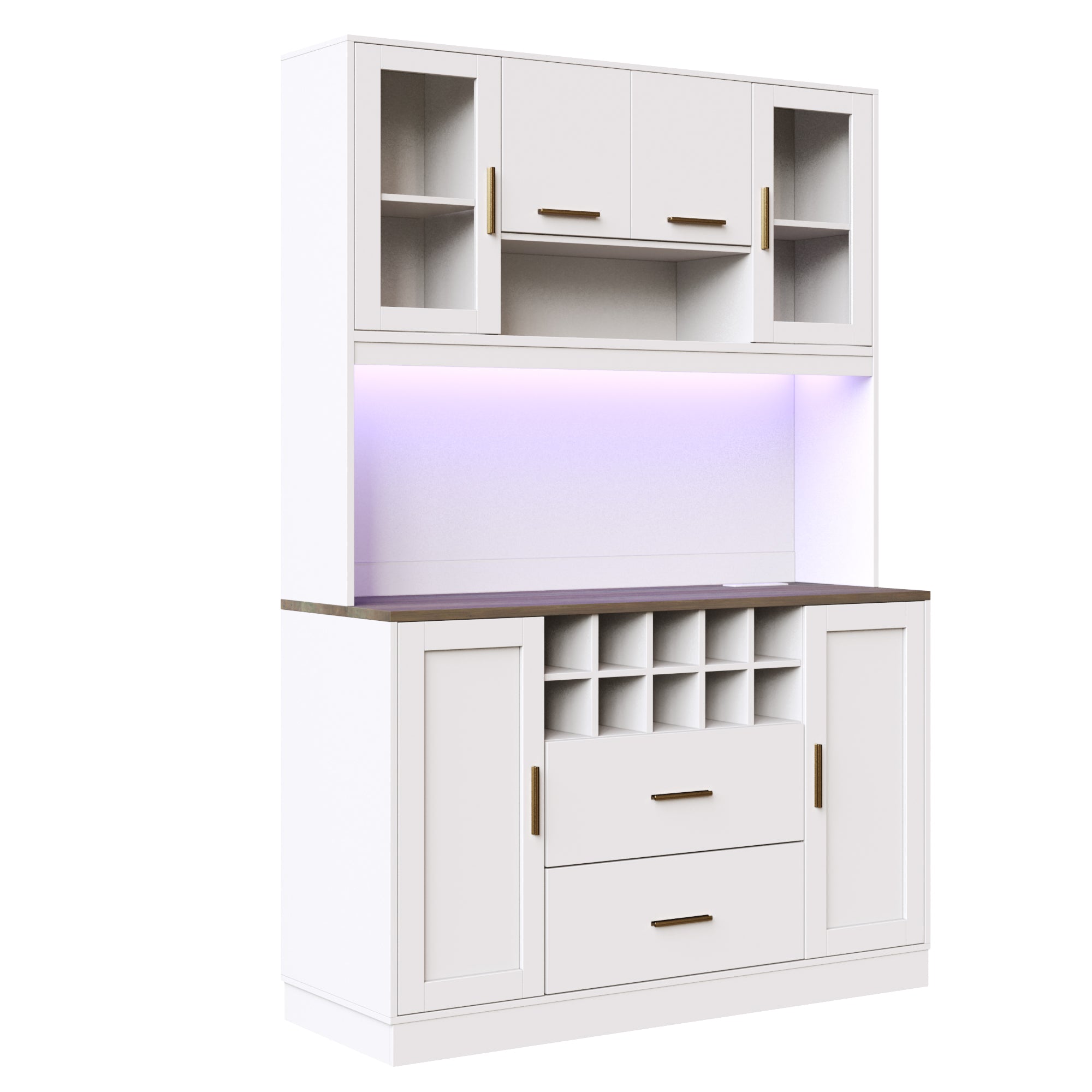Sideboard Kitchen Cabinet with LED Lighting and Socket, Black and White