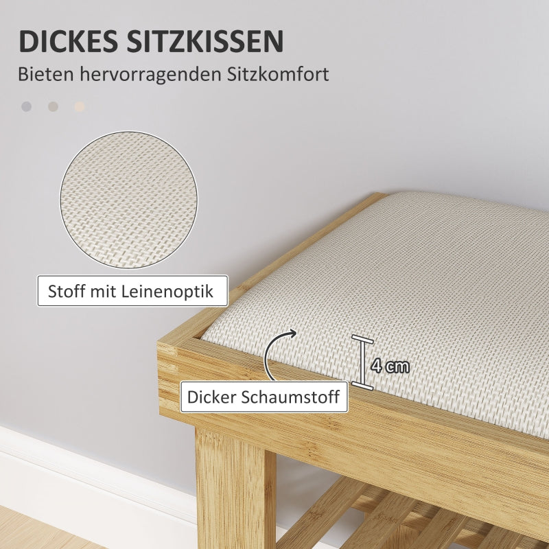 Shoe Bench with Storage, 2 Compartments, Bamboo Cream White