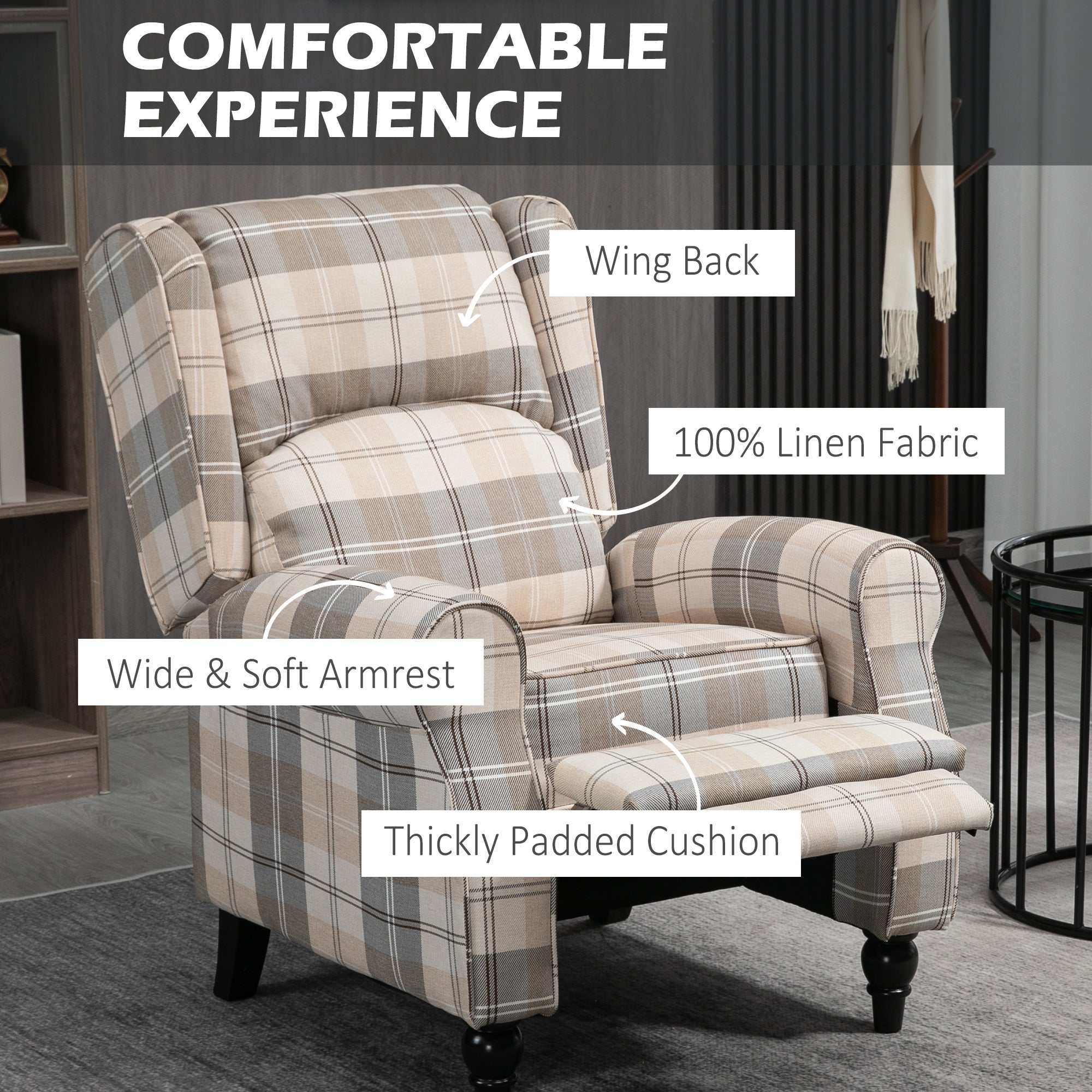 Wingback Recliner Armchair with Footrest, Rubber Wood Legs, Khaki