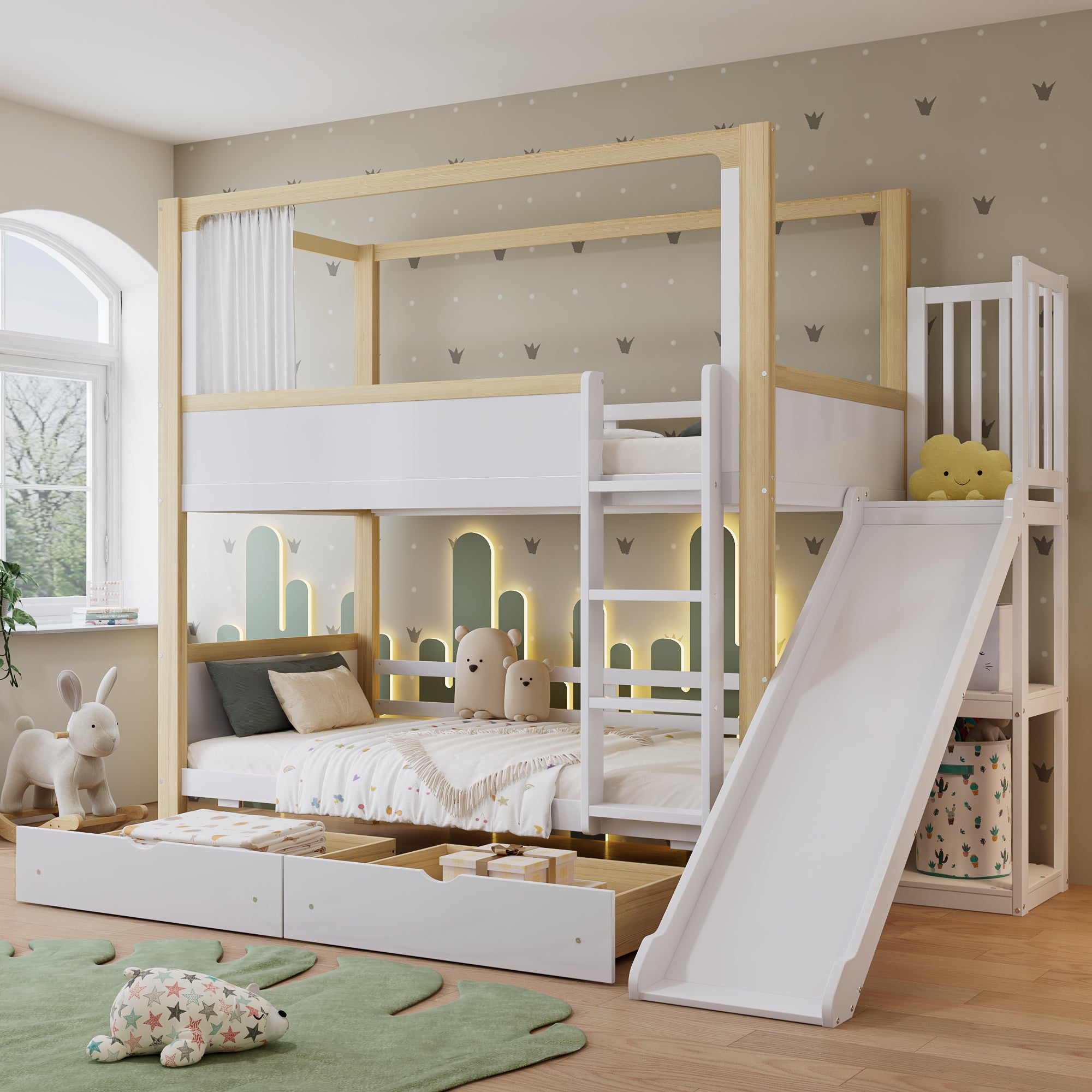 Bunk Bed, Children's with Drawers, Slide & Fabric Curtain, Pine, MDF, Plywood, White & Natural, 90x200cm