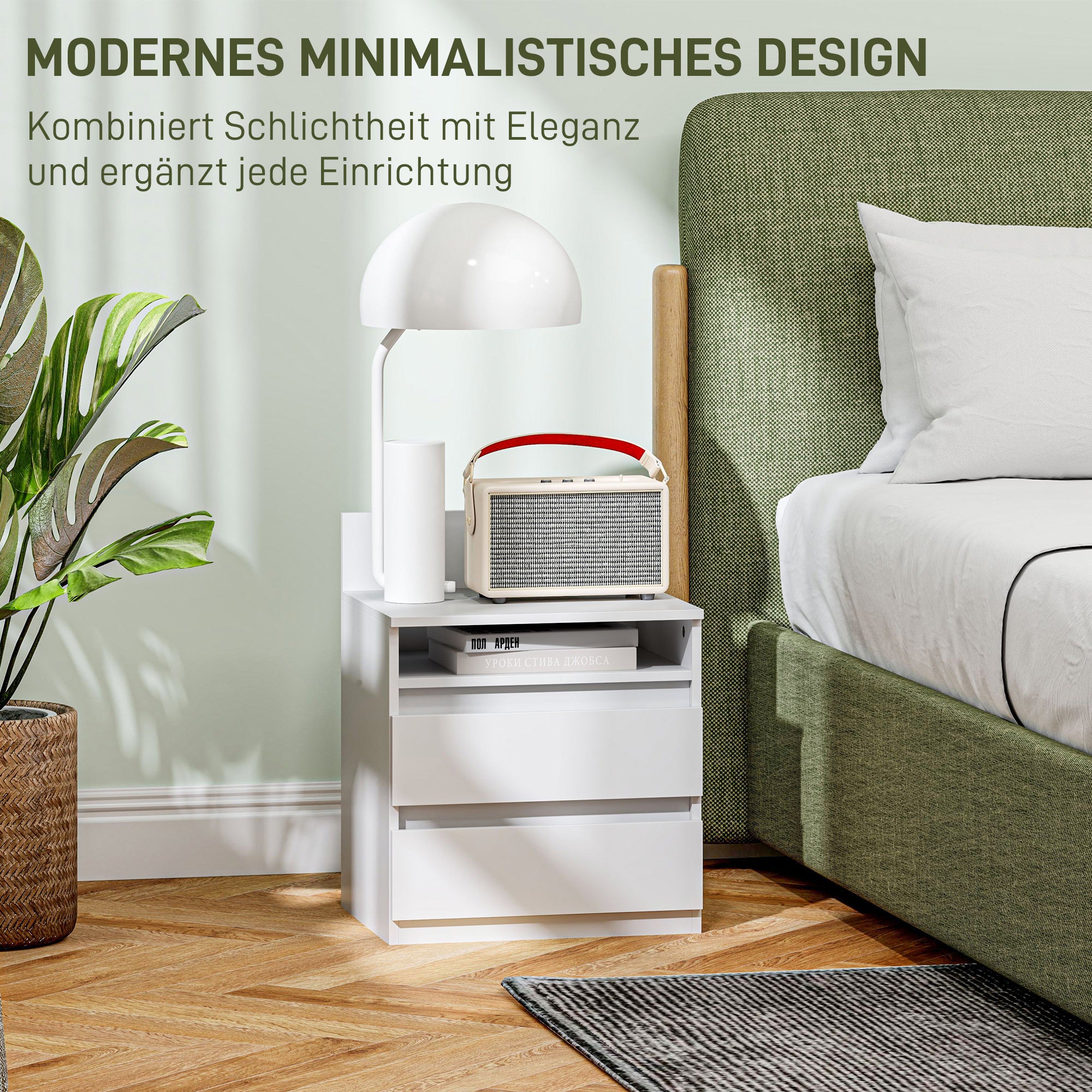 Set of 2 Bedside Tables, 2 Drawers, Nightstand with Shelf, White