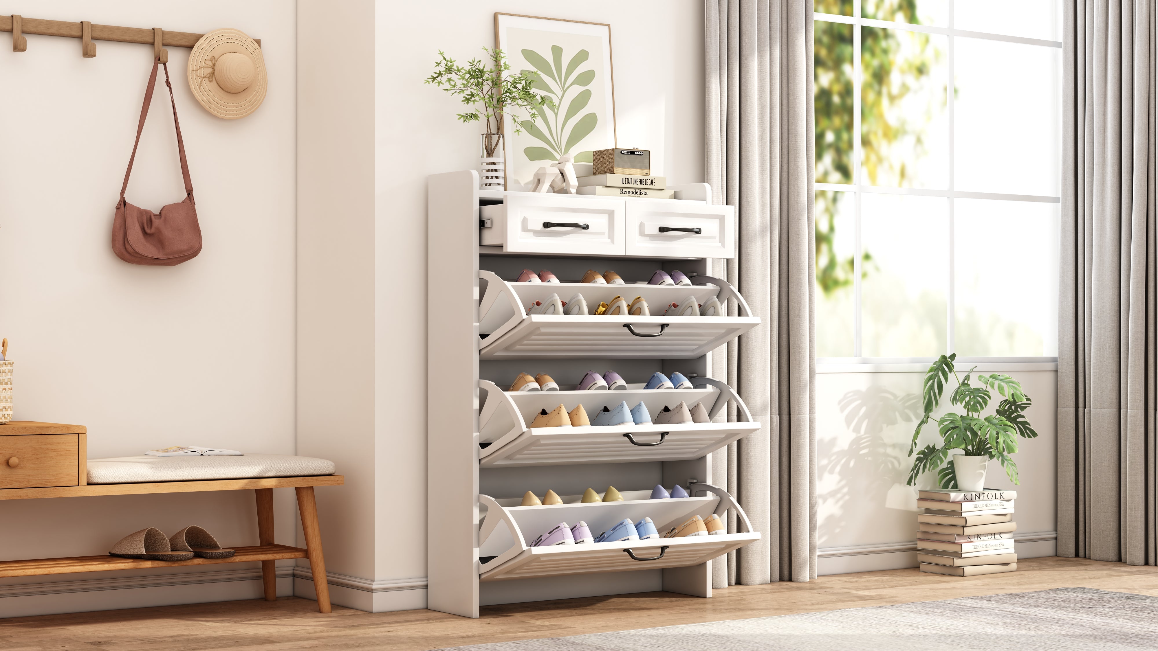 Shoe Cabinet 3 Doors 2 Drawers, W80/H131 cm, Wooden