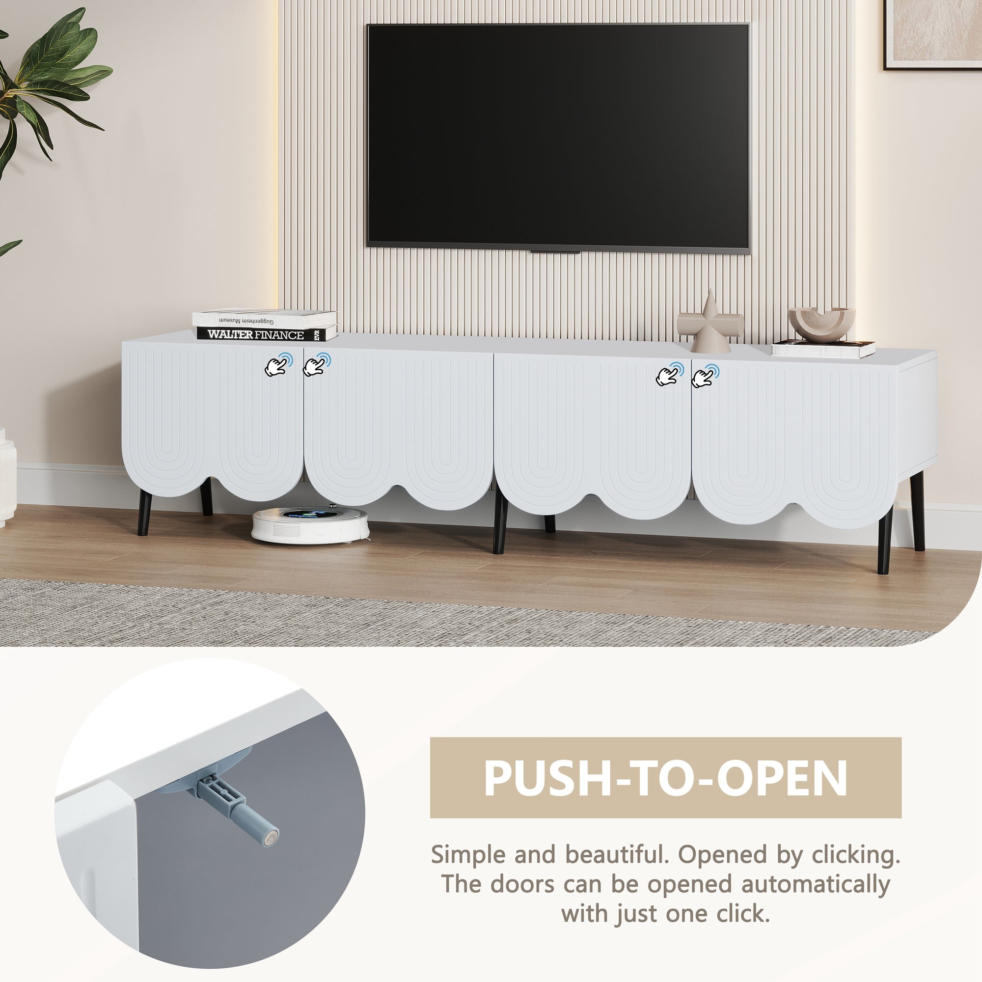 Modern TV cabinet for TVs up to 80 inches with two doors and cable management in white